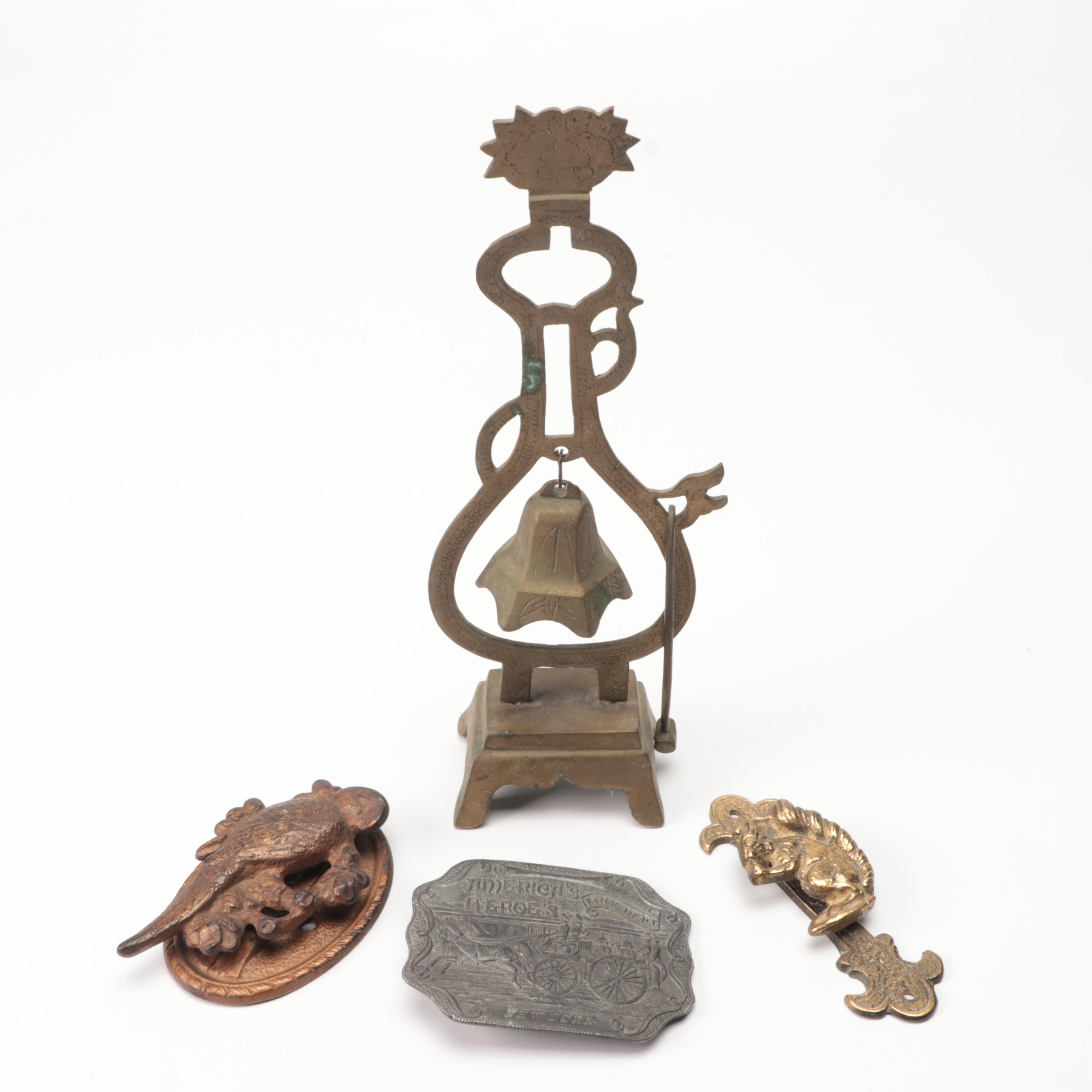 Lewis Buckles Pewter Belt Buckle, Chinese Brass Bell, and Animal Door Knockers