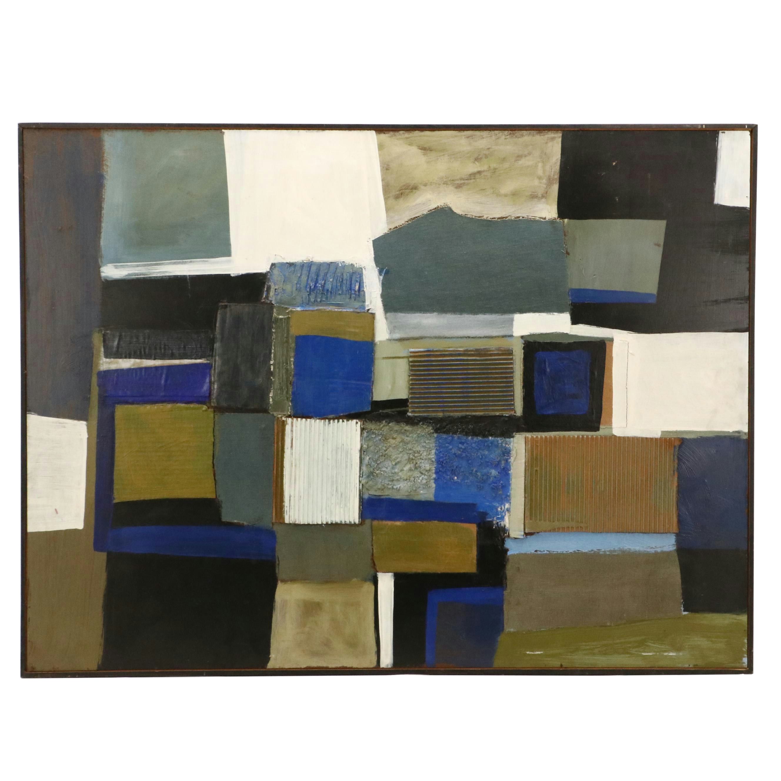 Robert Beaven Geometric Mixed Media Painting "Sea Coast Village"
