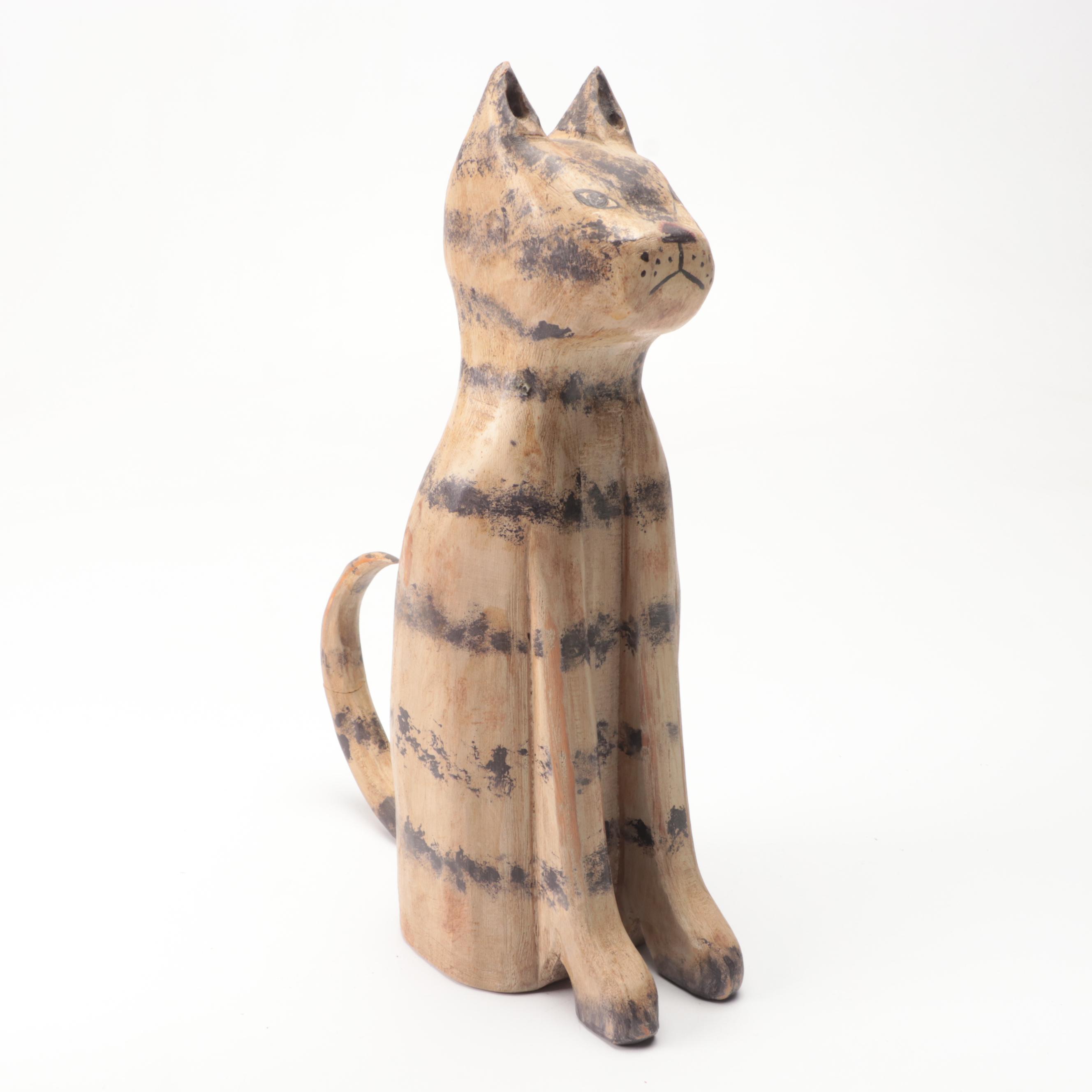 Hand-Carved Hand-Painted Wooden Cat with Animals and Other Figurines