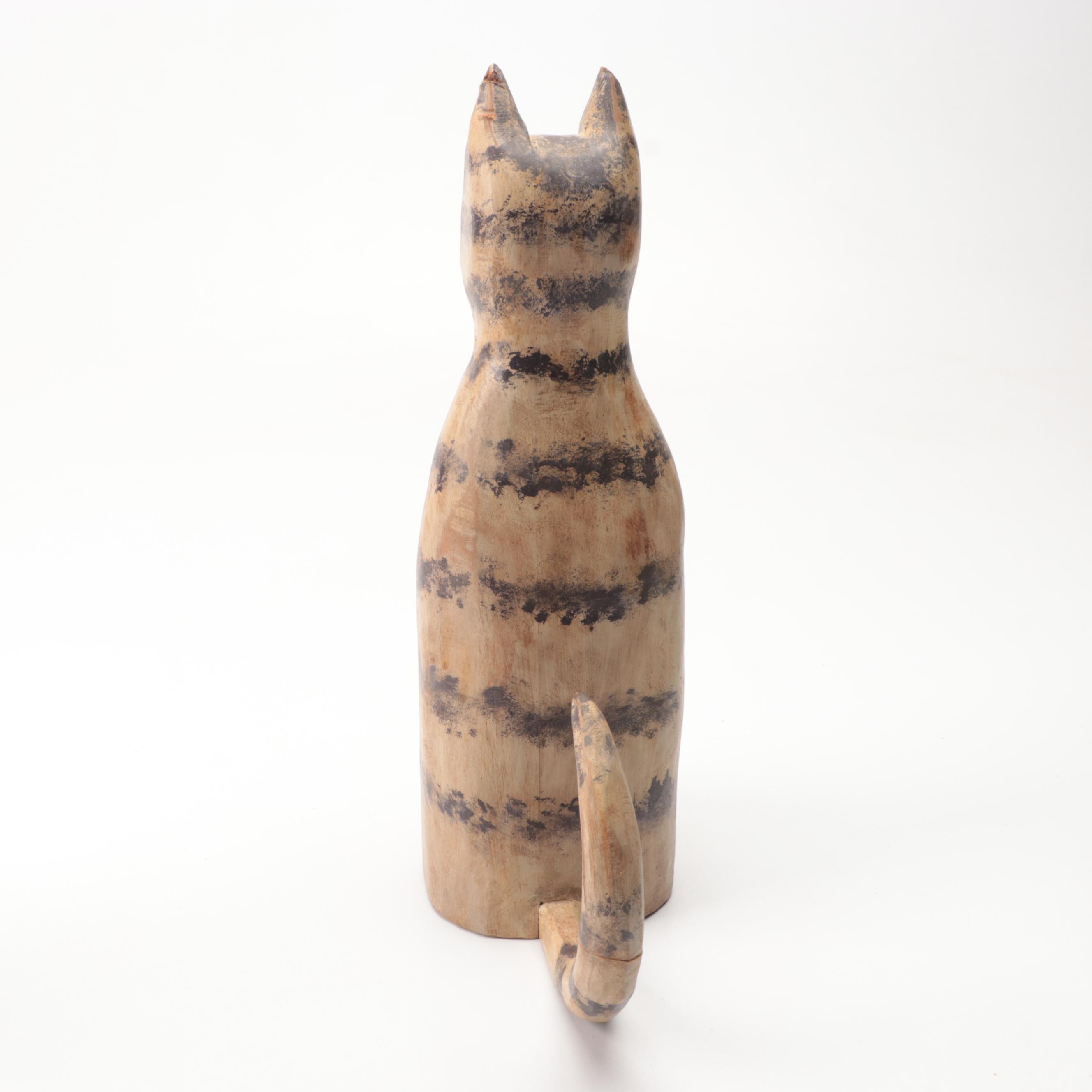 Hand-Carved Hand-Painted Wooden Cat with Animals and Other Figurines