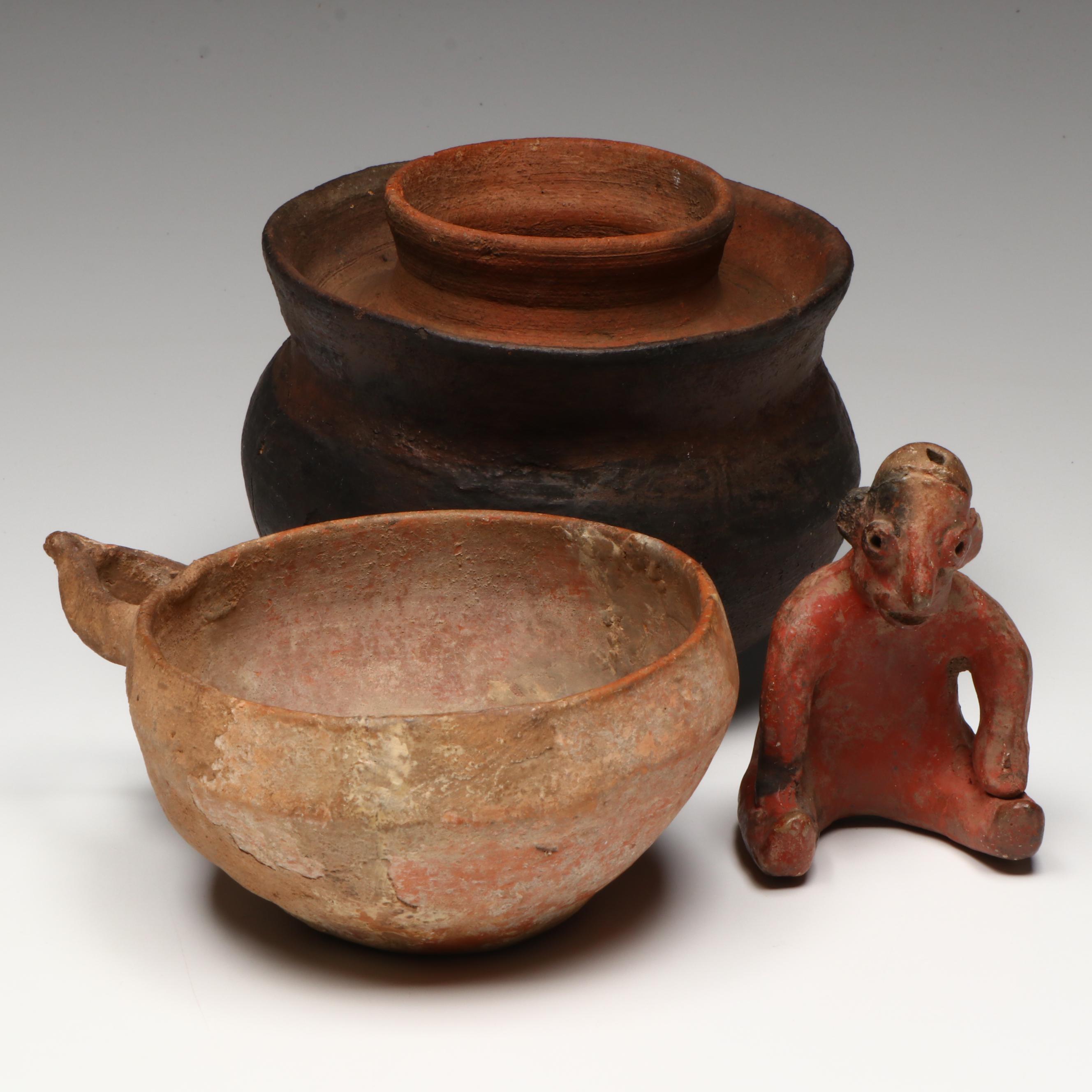 Pre-Columbian Colima Seated Figure with Ladle and Jar