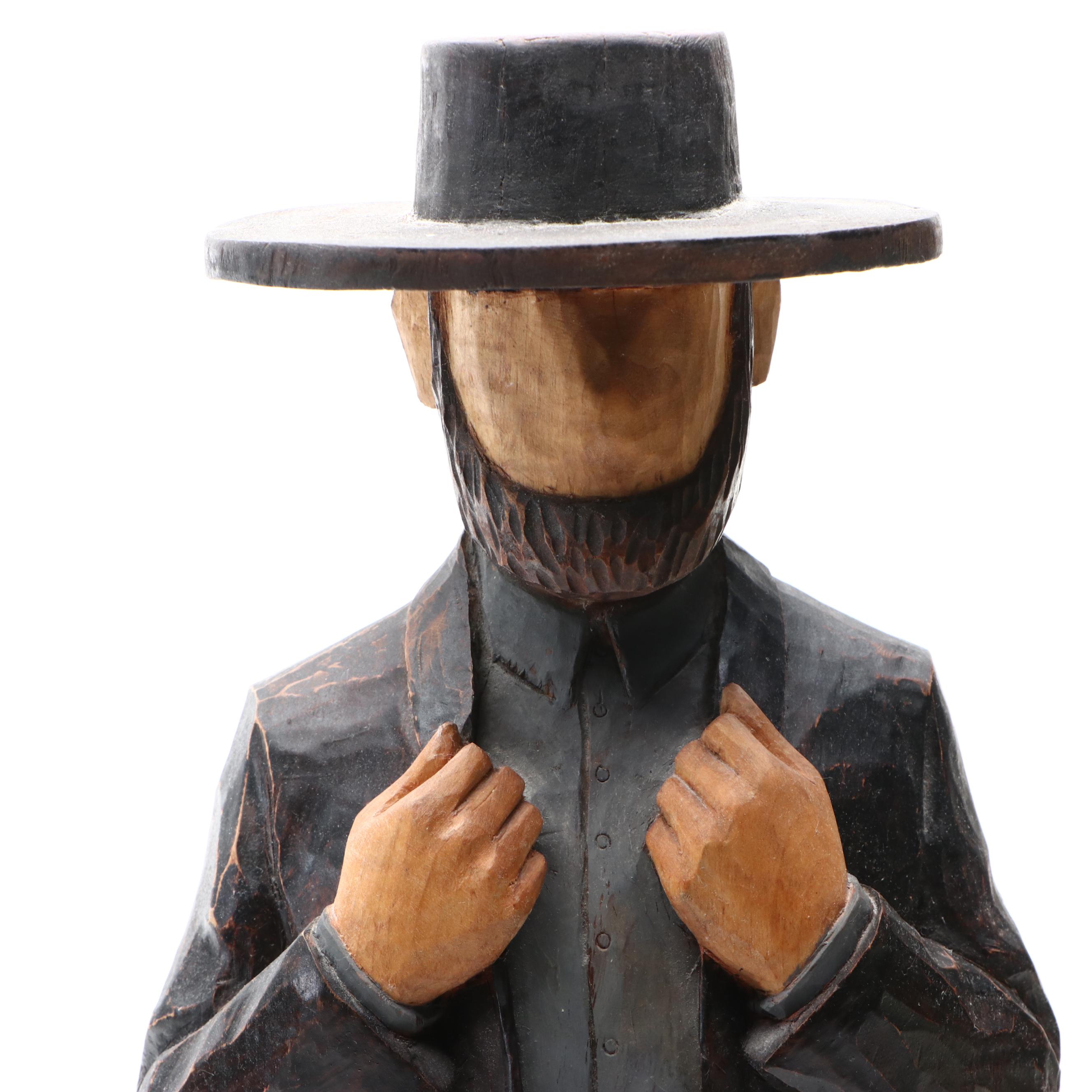 Z. Mitchell Painted Carved Wood Sculpture of Amish Man, 1987