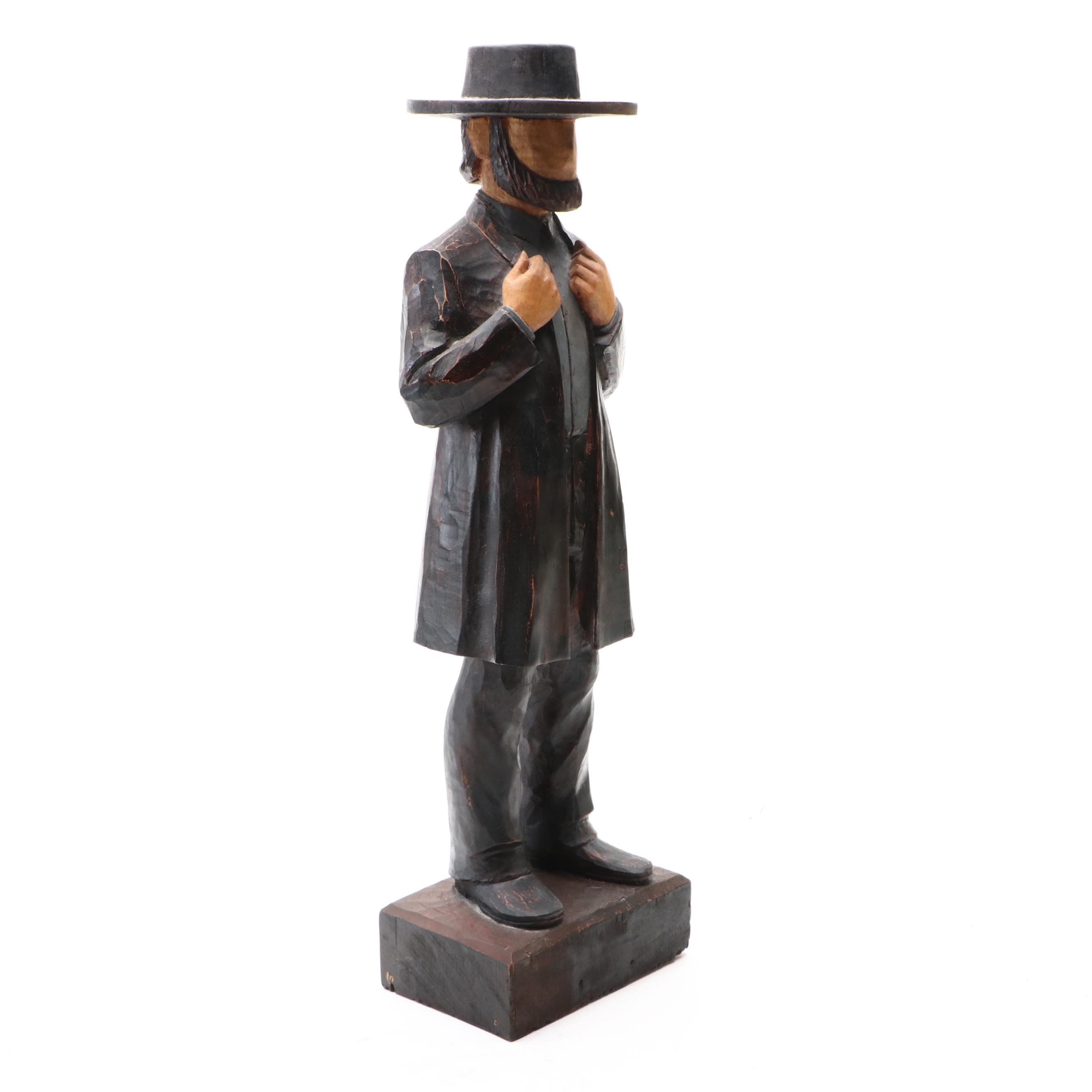 Z. Mitchell Painted Carved Wood Sculpture of Amish Man, 1987