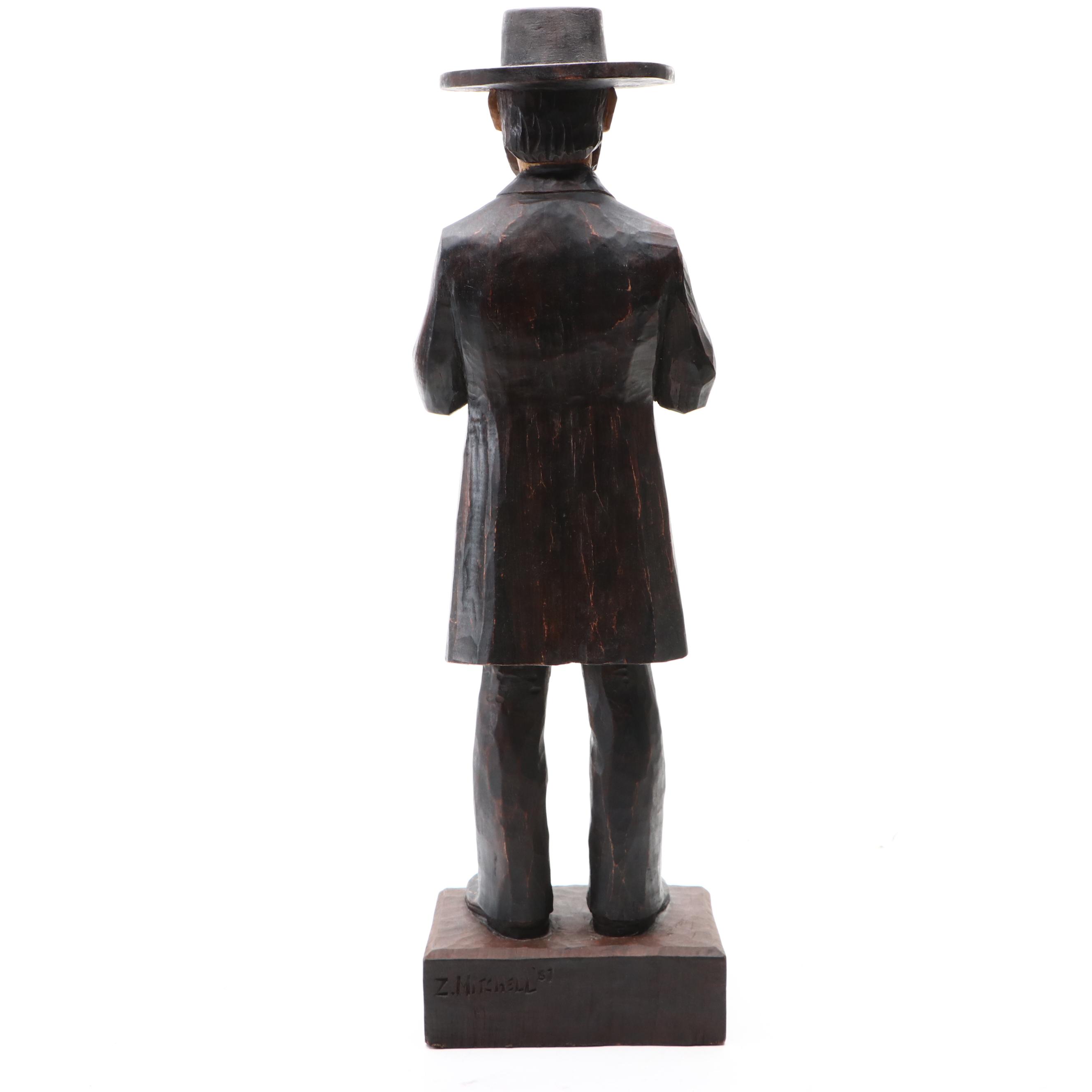 Z. Mitchell Painted Carved Wood Sculpture of Amish Man, 1987