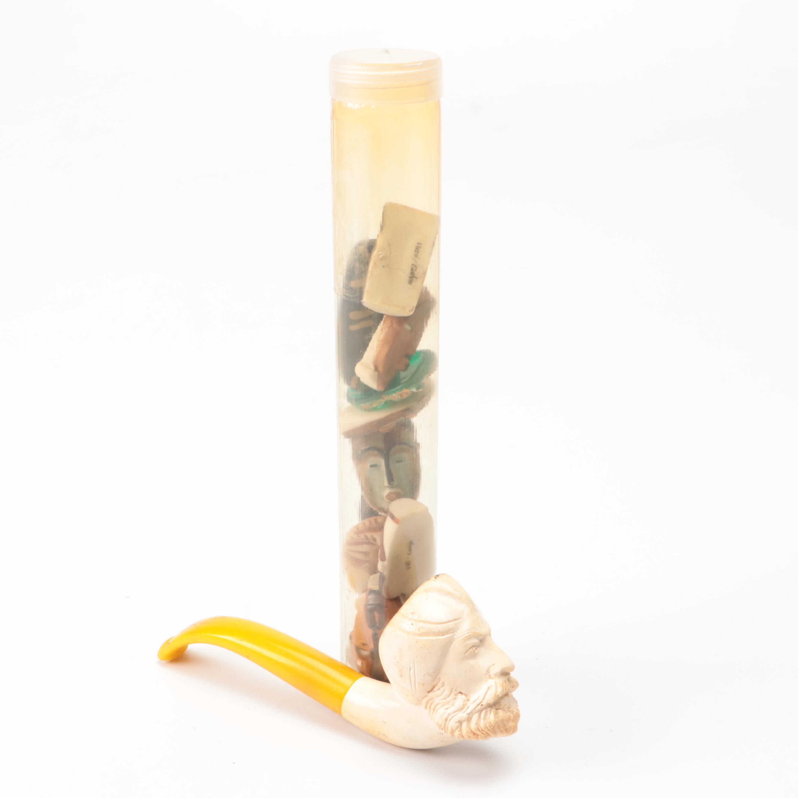 Miniature Ceramic and Bone African Souvenir Masks with Meerschaum Pipe