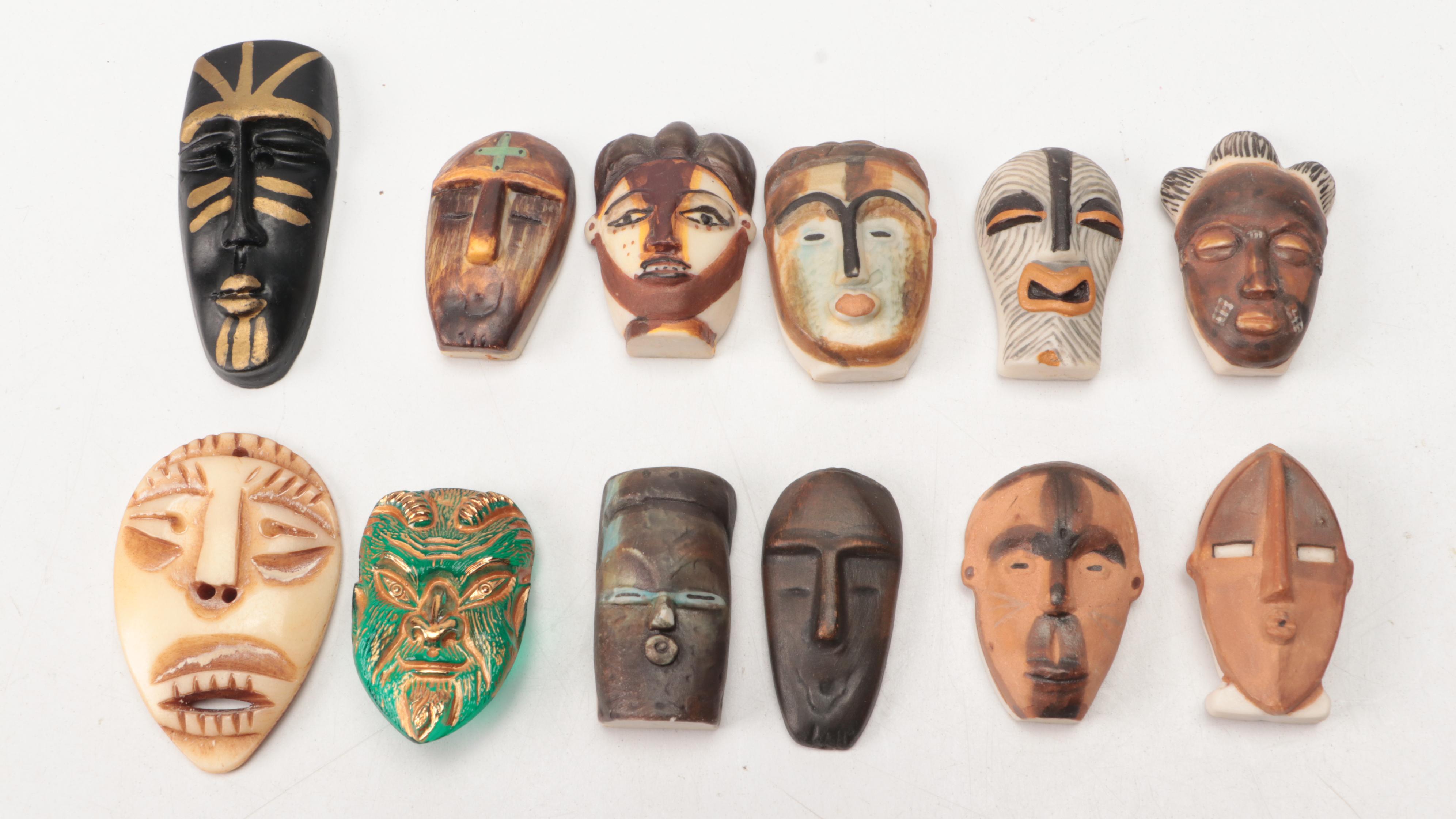 Miniature Ceramic and Bone African Souvenir Masks with Meerschaum Pipe