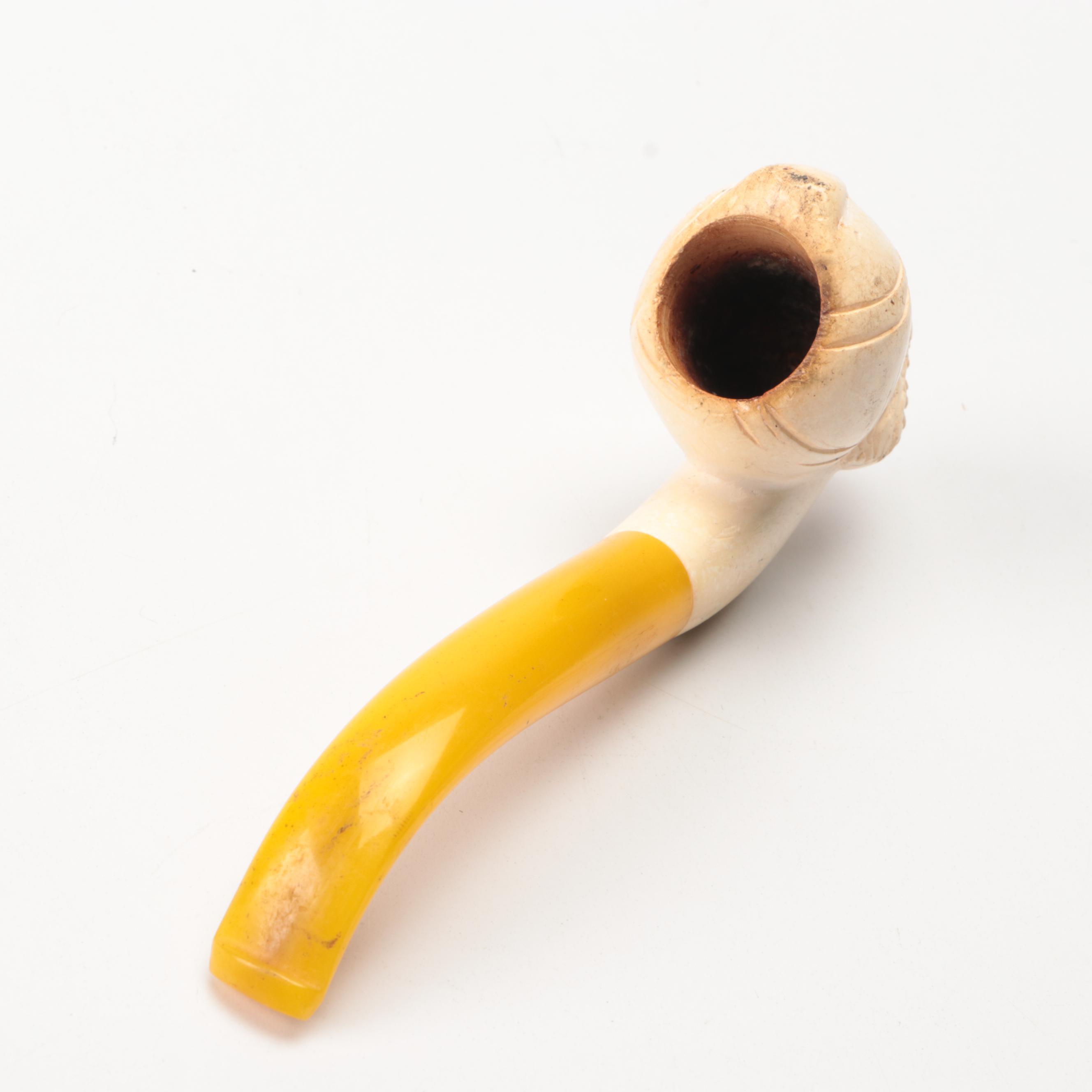 Miniature Ceramic and Bone African Souvenir Masks with Meerschaum Pipe