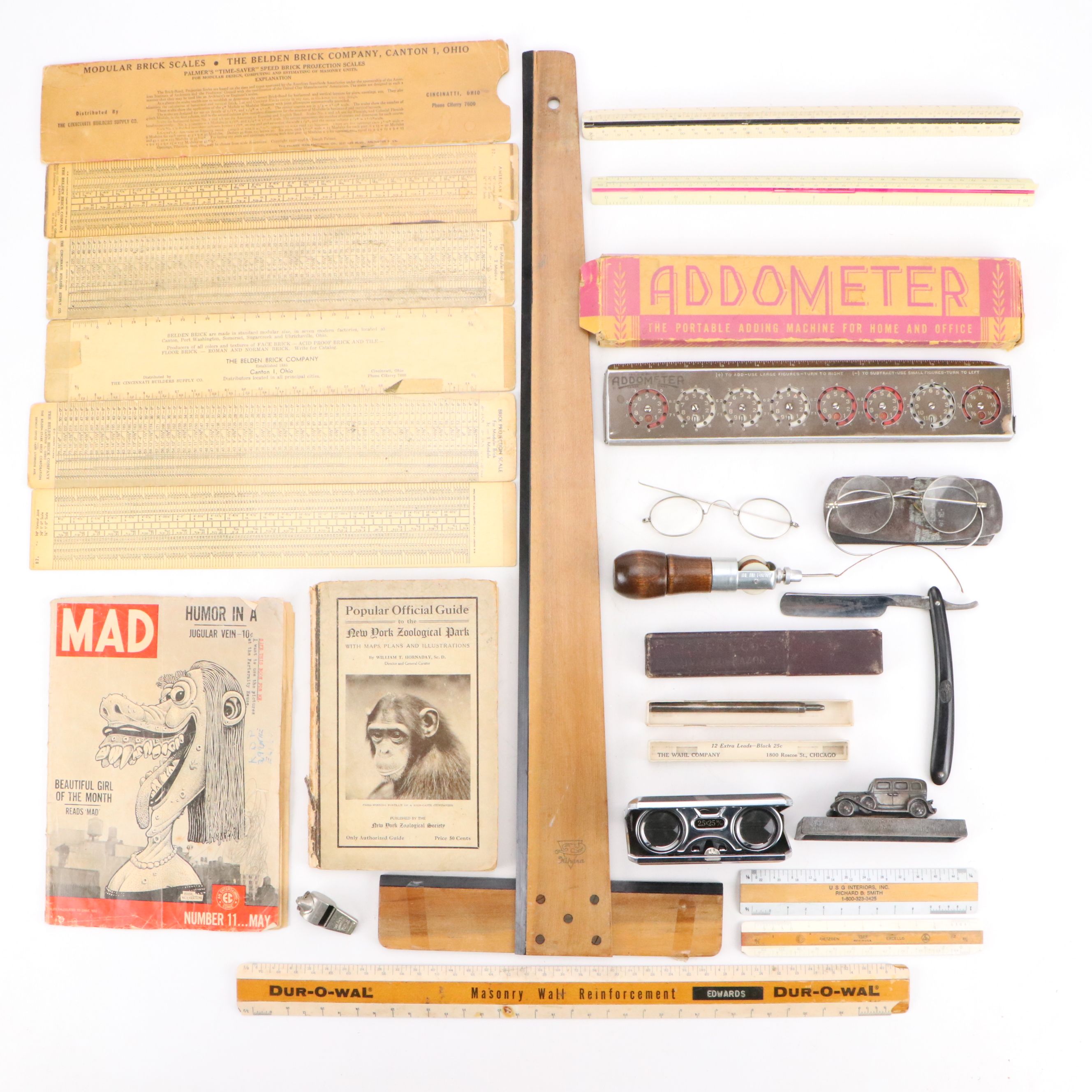 Drafting Supplies with "MAD" Issue, Optics, Addometer  and Other Vintage Décor