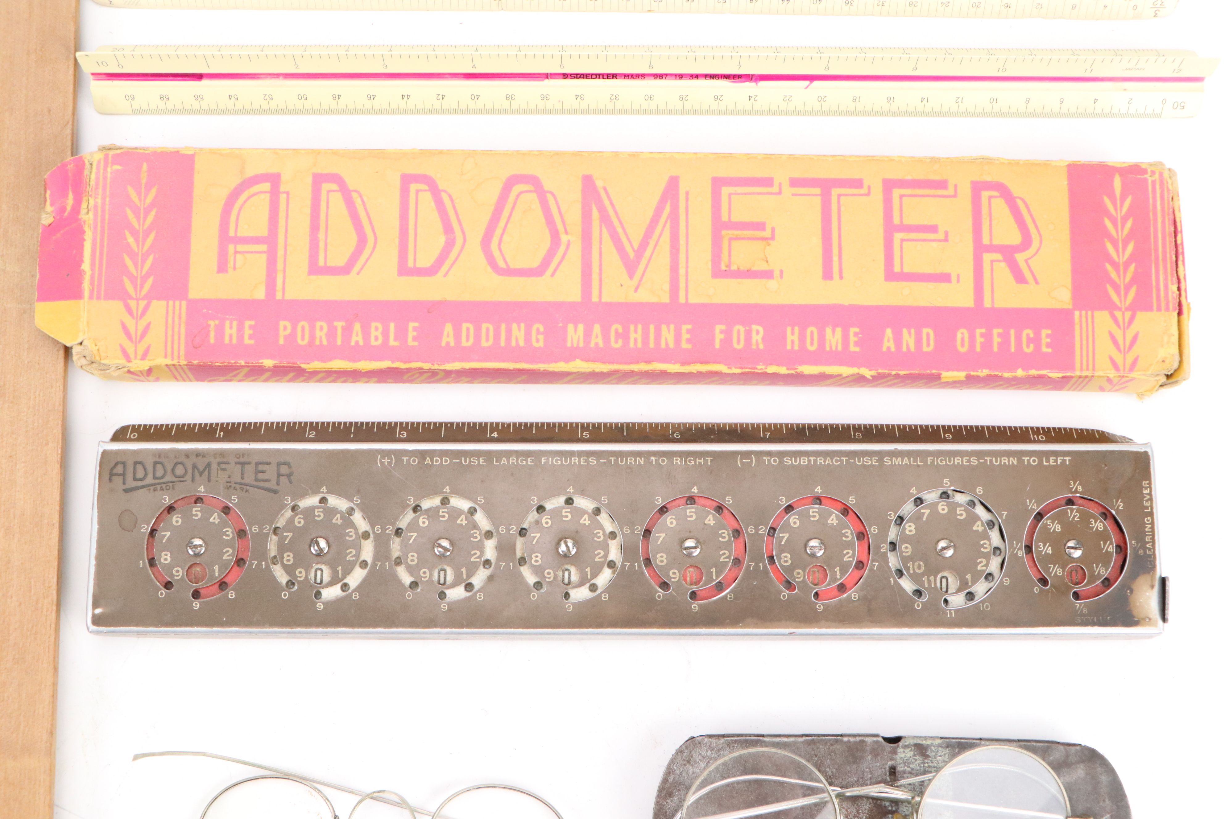 Drafting Supplies with "MAD" Issue, Optics, Addometer  and Other Vintage Décor