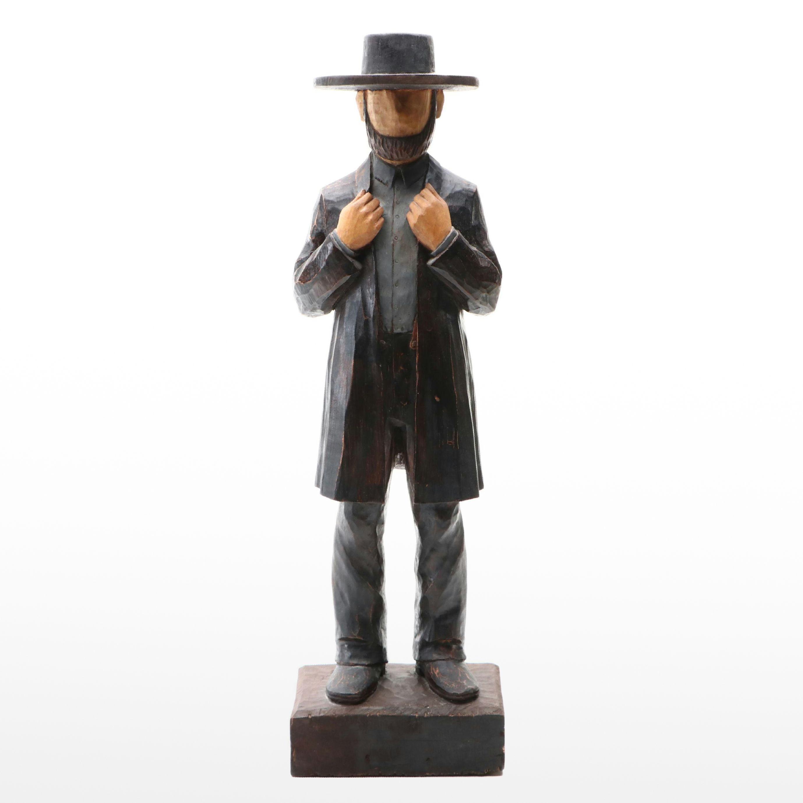 Z. Mitchell Painted Carved Wood Sculpture of Amish Man, 1987
