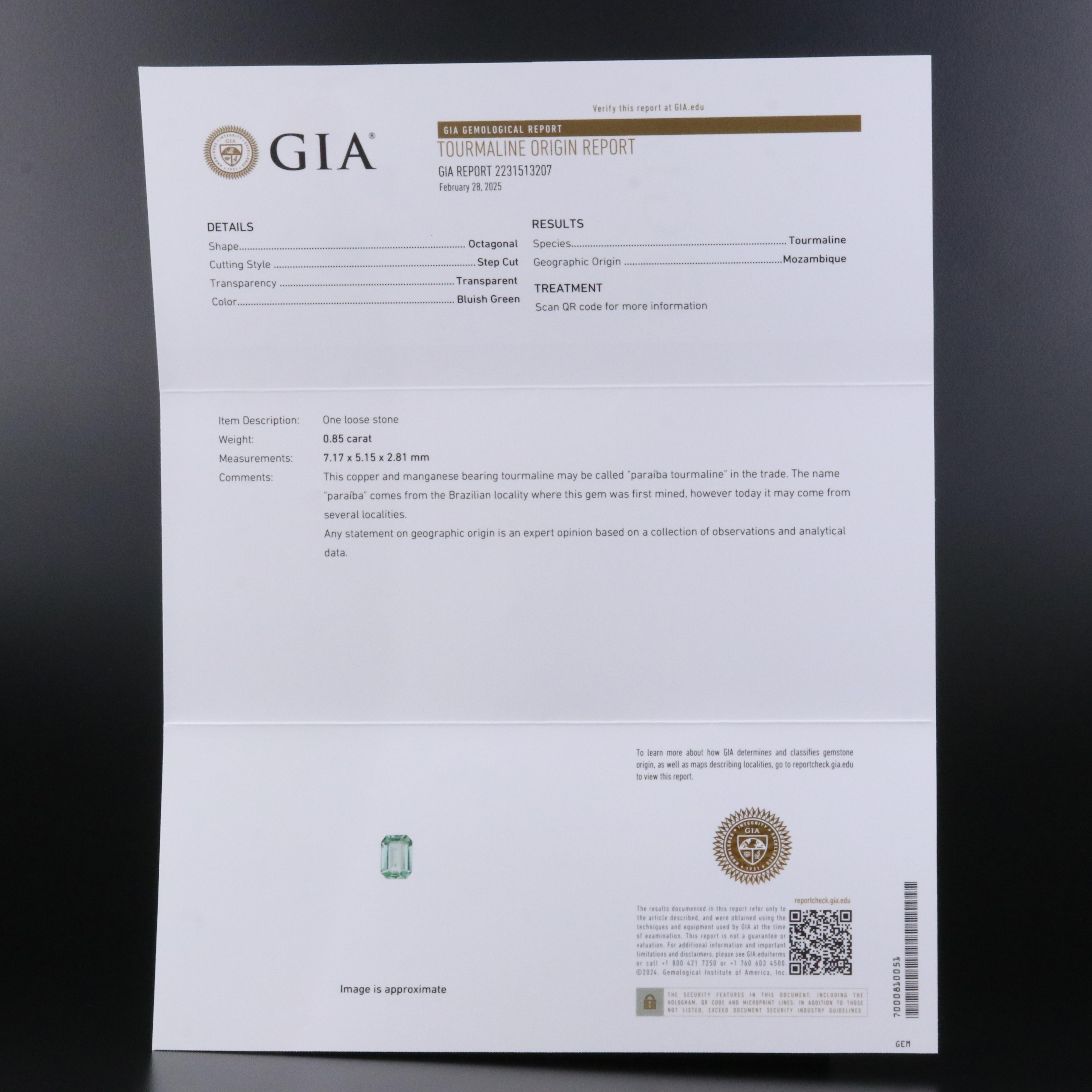 Loose 0.85 CT Mozambique Paraíba Tourmaline with GIA Report