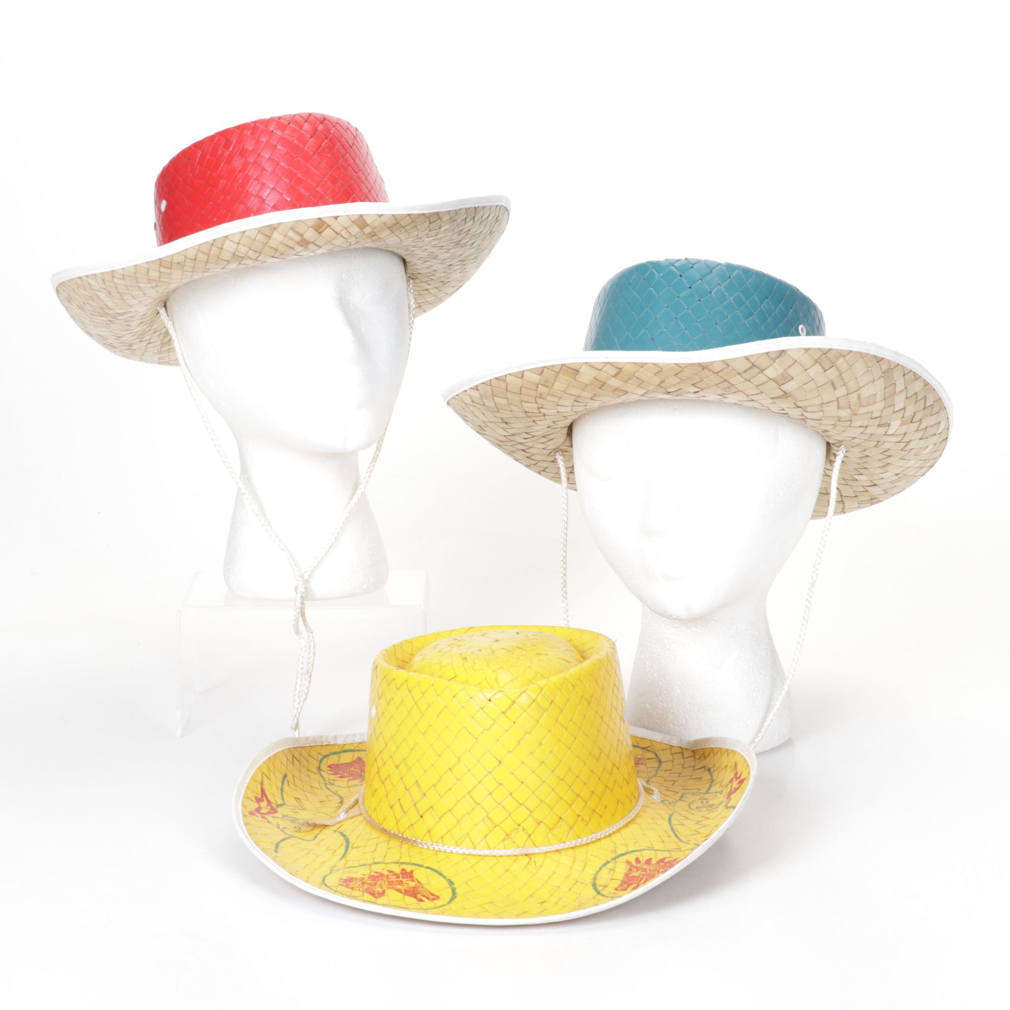 Western Horse Motif on Red, Blue and Yellow Woven Straw Hats, Mid-Late 20th C.