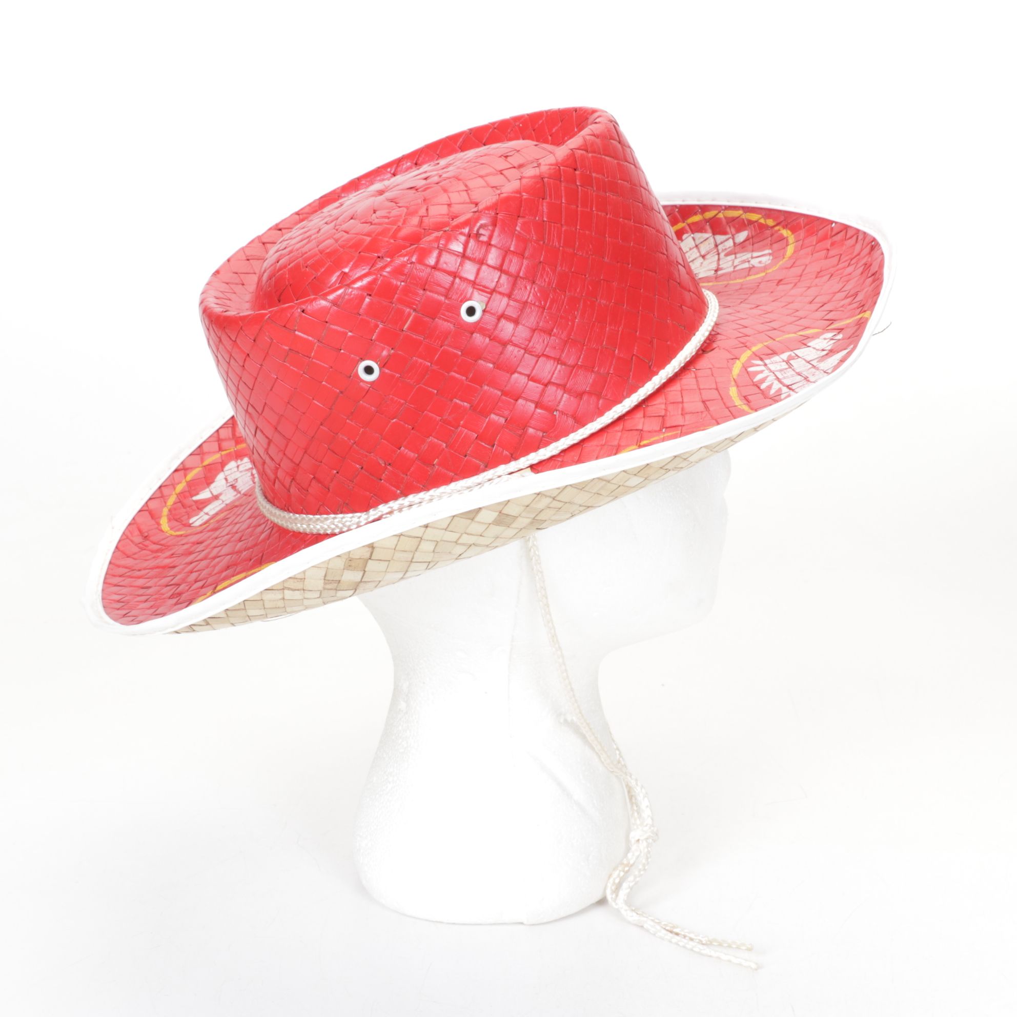 Western Horse Motif on Red, Blue and Yellow Woven Straw Hats, Mid-Late 20th C.