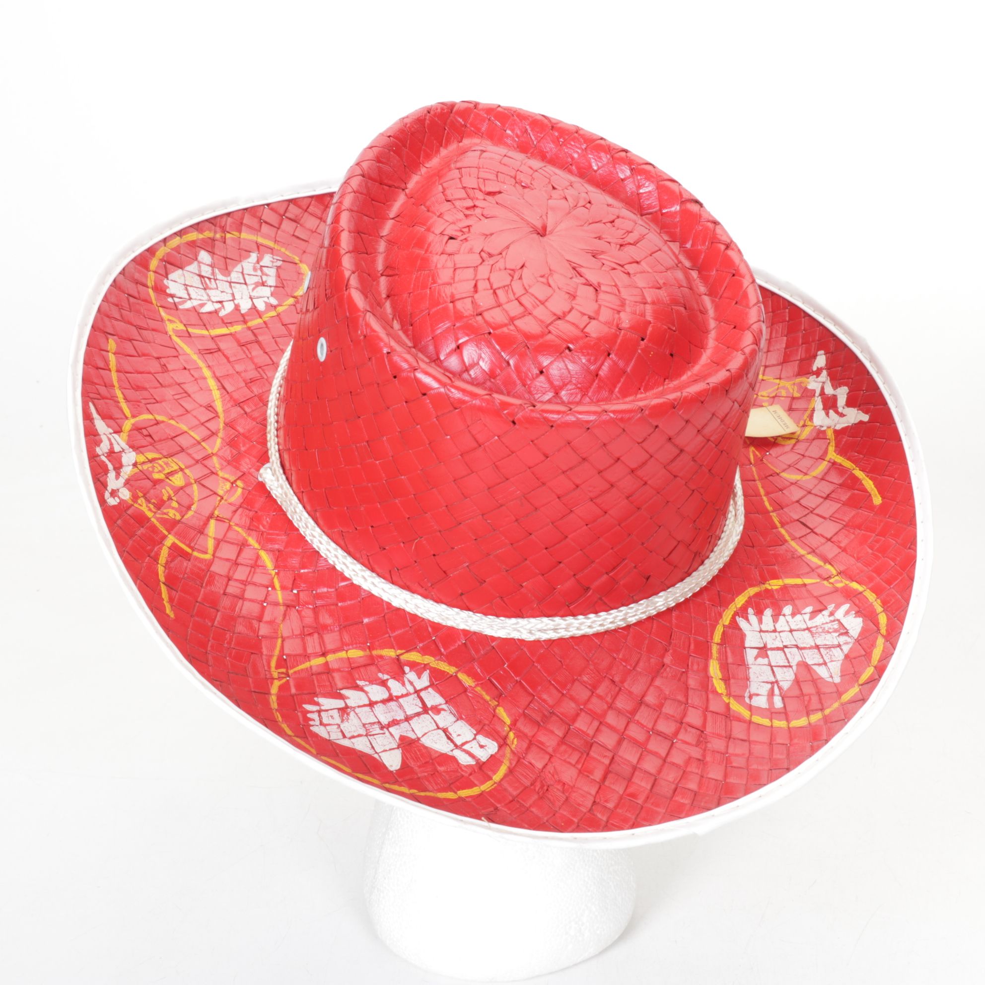 Western Horse Motif on Red, Blue and Yellow Woven Straw Hats, Mid-Late 20th C.