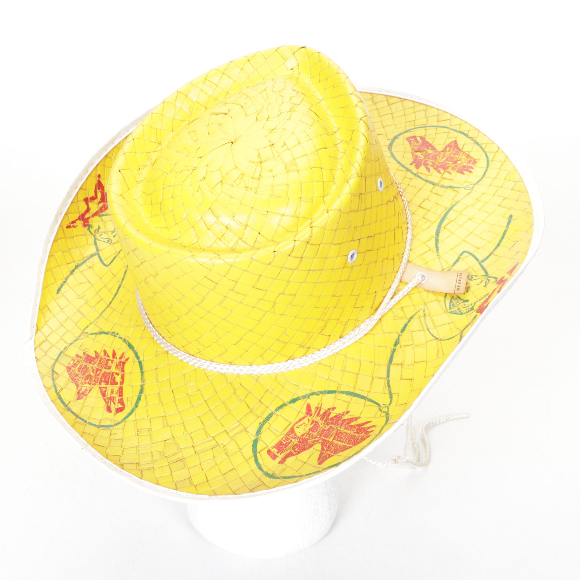 Western Horse Motif on Red, Blue and Yellow Woven Straw Hats, Mid-Late 20th C.
