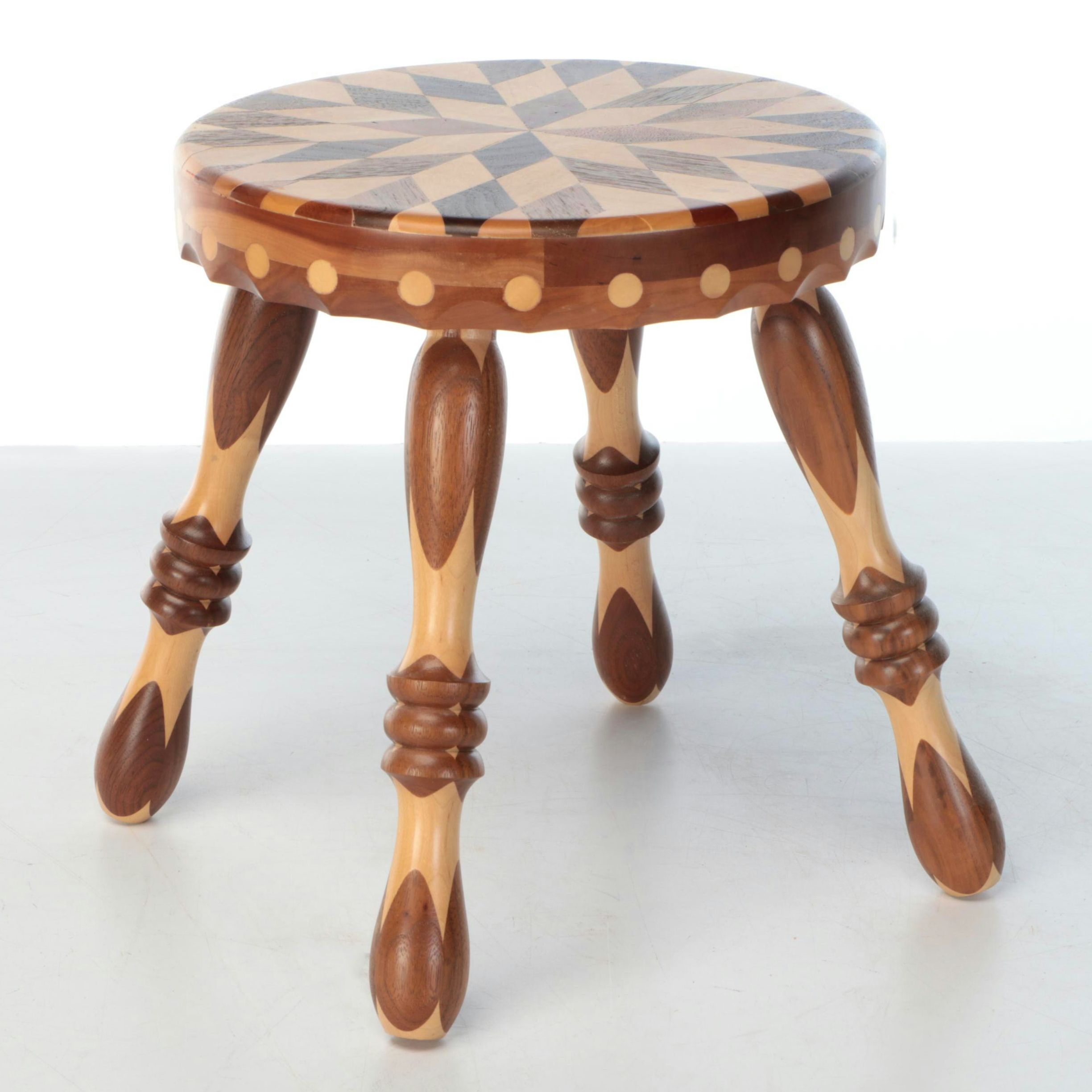 Folk Art Segmented and Turned Wood Stool