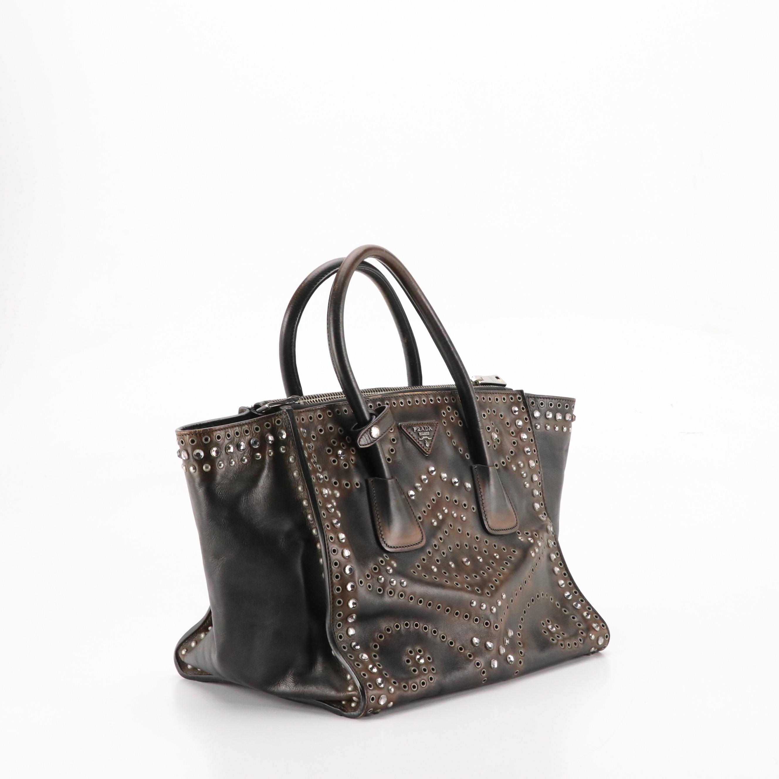 Prada Twin Pocket Two-Way Tote in Vintage Brown Embellished Leather