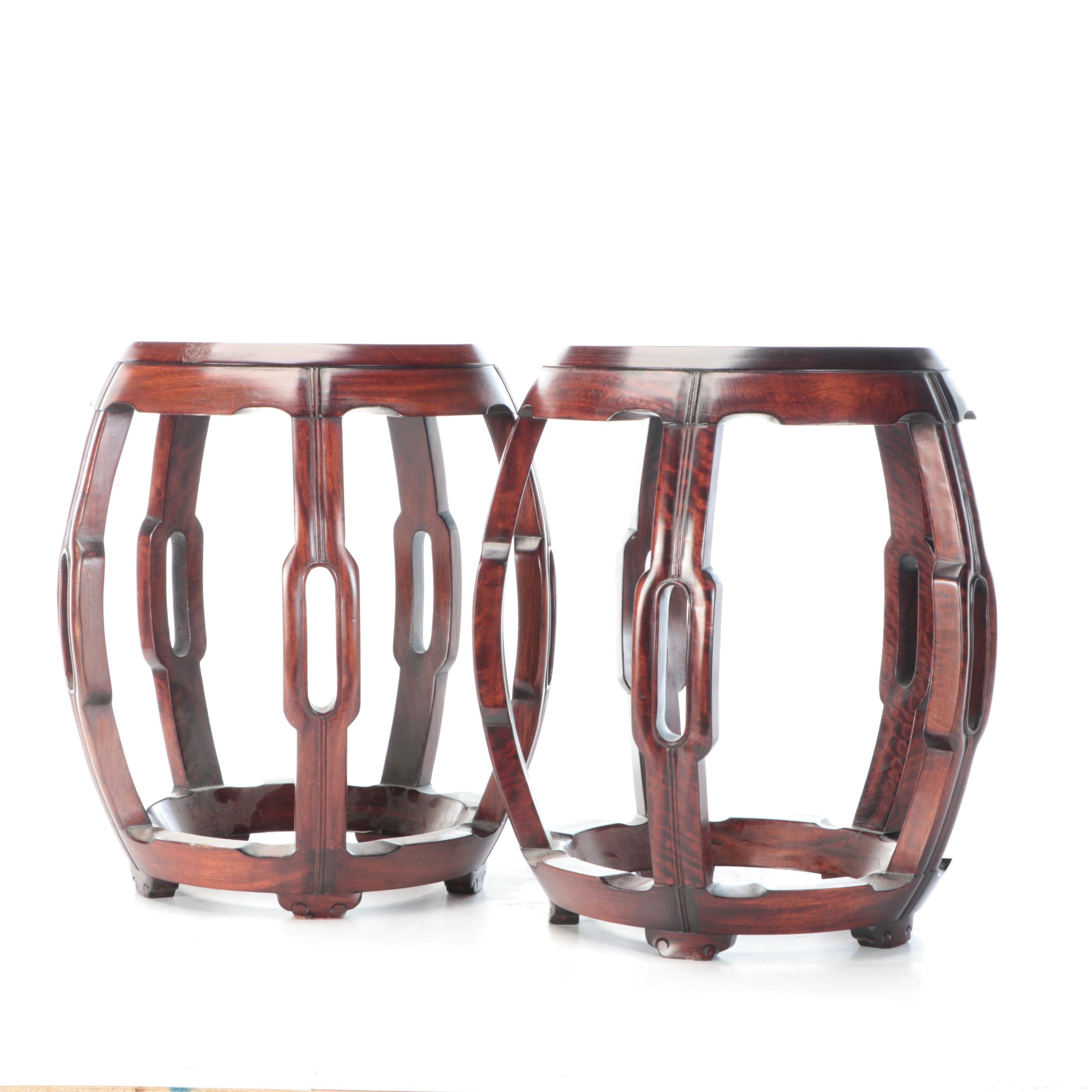 Chinoiserie Etched Dragon Wooden Barrel Drum Side Table Pair