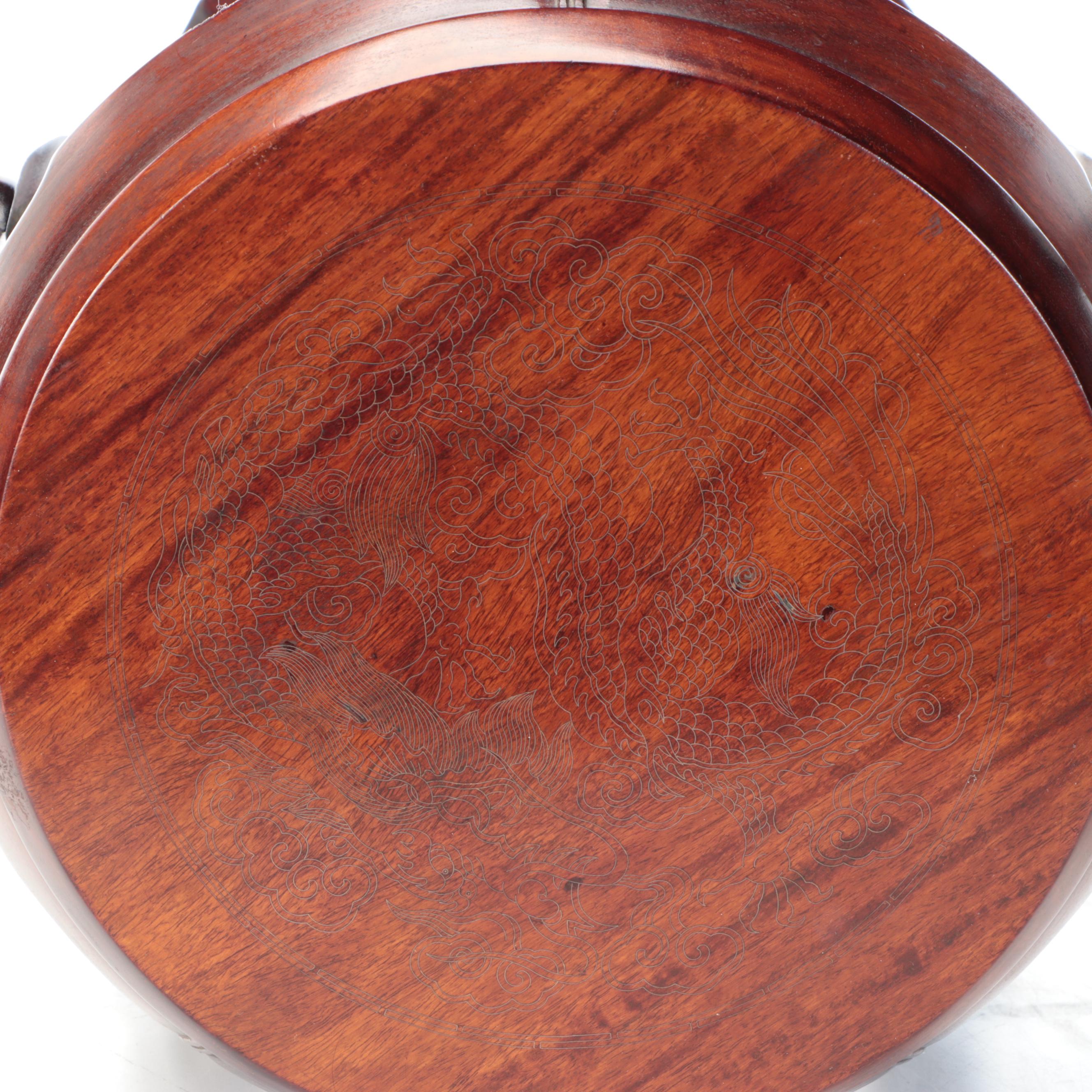 Chinoiserie Etched Dragon Wooden Barrel Drum Side Table Pair