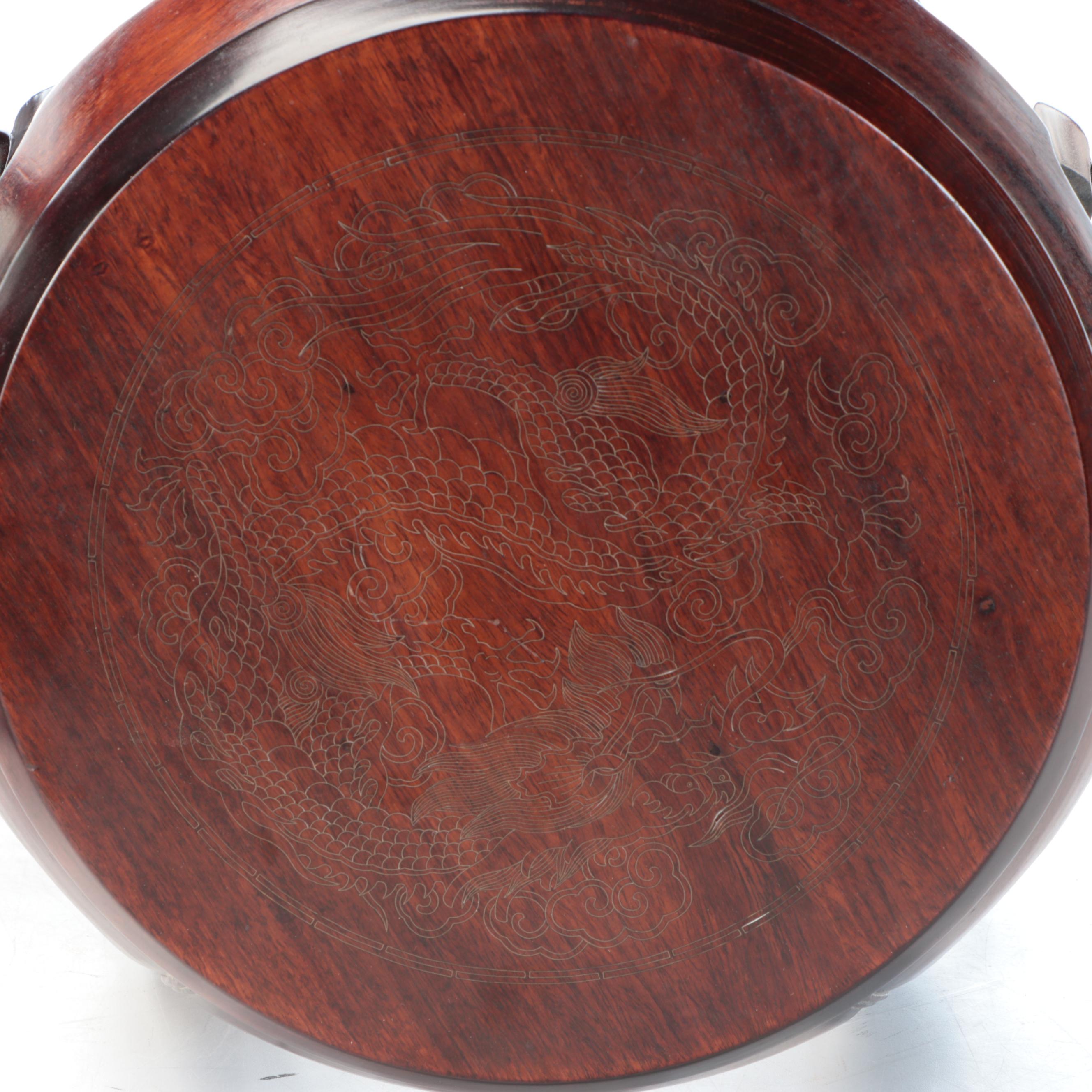 Chinoiserie Etched Dragon Wooden Barrel Drum Side Table Pair