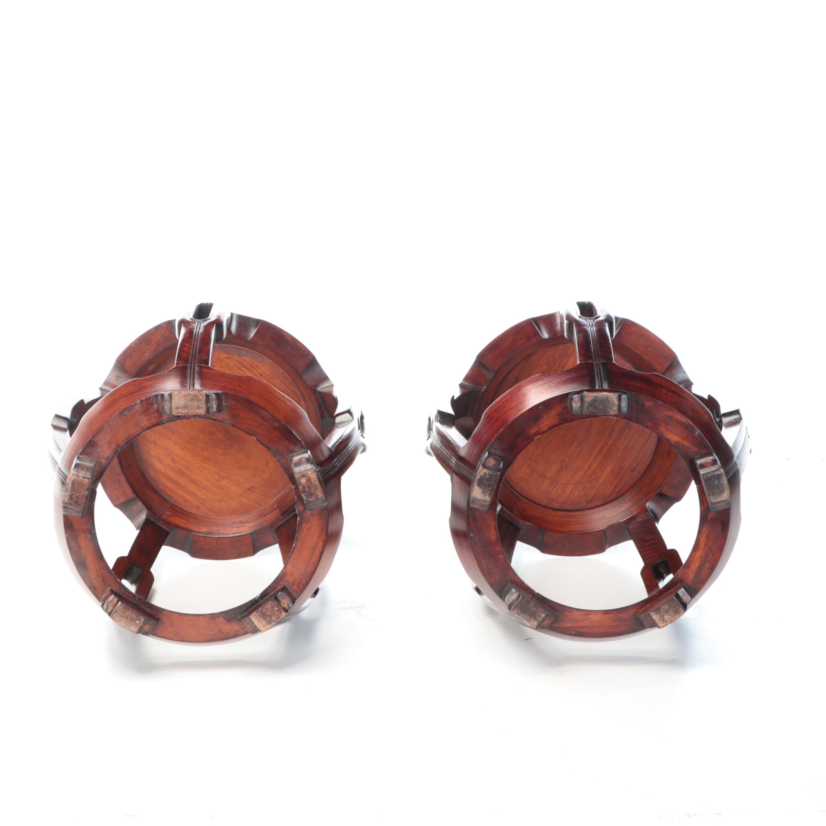 Chinoiserie Etched Dragon Wooden Barrel Drum Side Table Pair