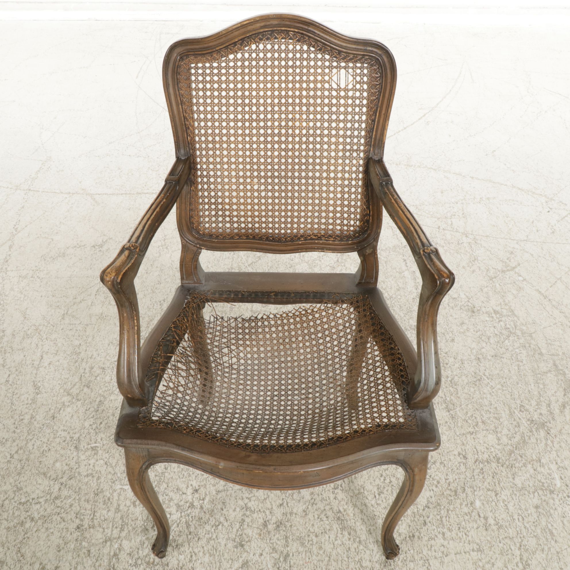 French Provincial Fauteuil with Woven Cane Seat and Back and Seat Cushion