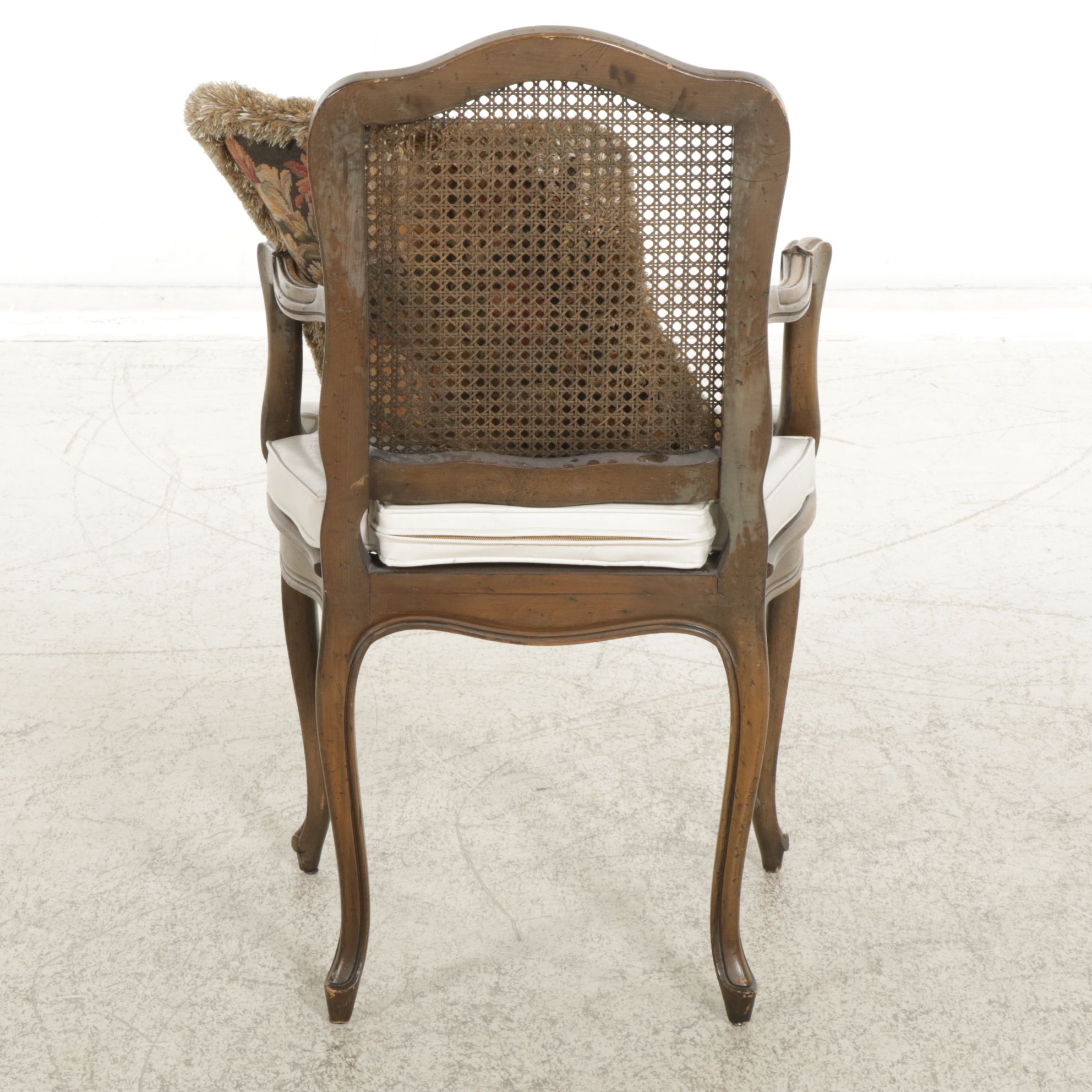 French Provincial Fauteuil with Woven Cane Seat and Back and Seat Cushion