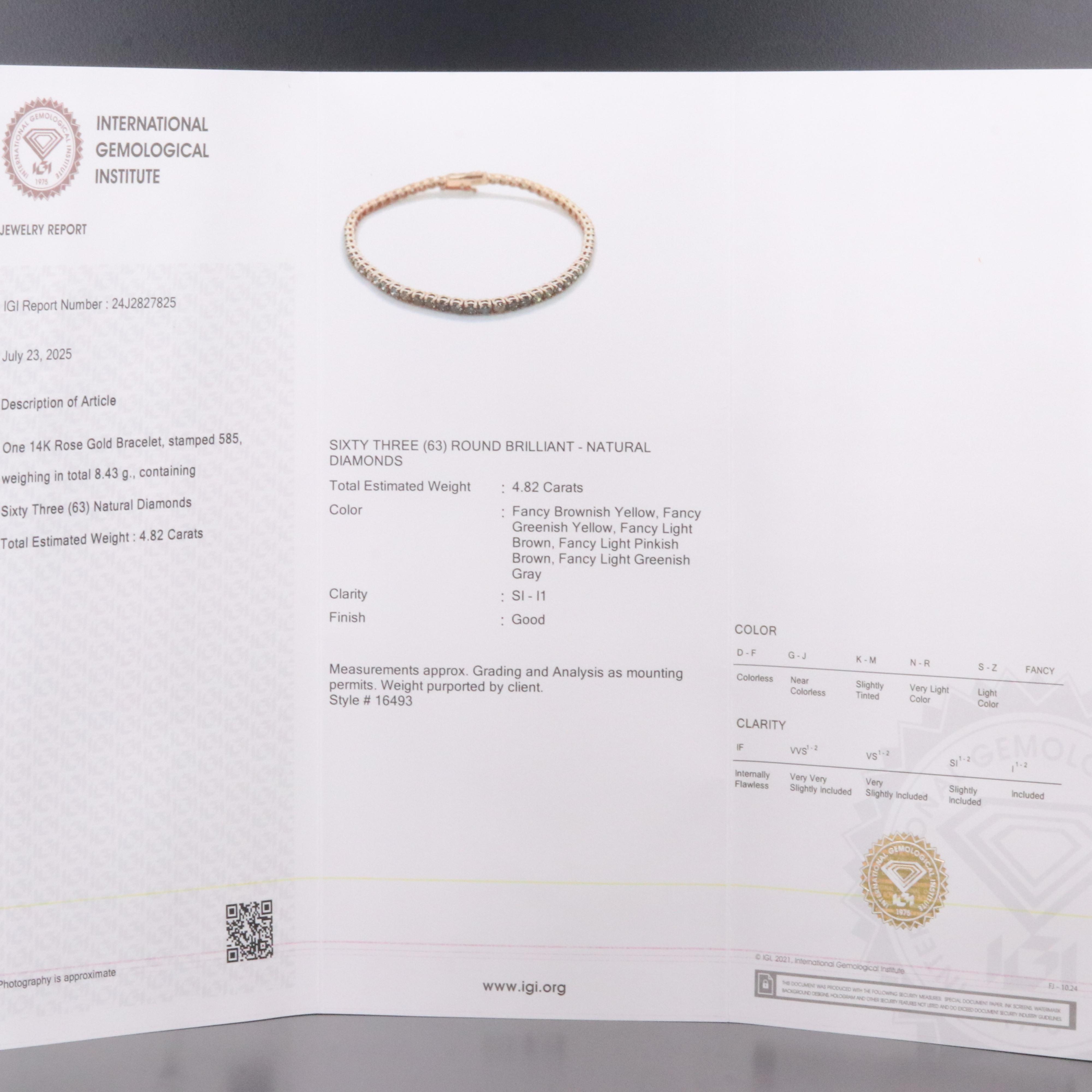14K Rose Gold 4.82 CTW Diamond Bracelet with IGI Jewelry Report