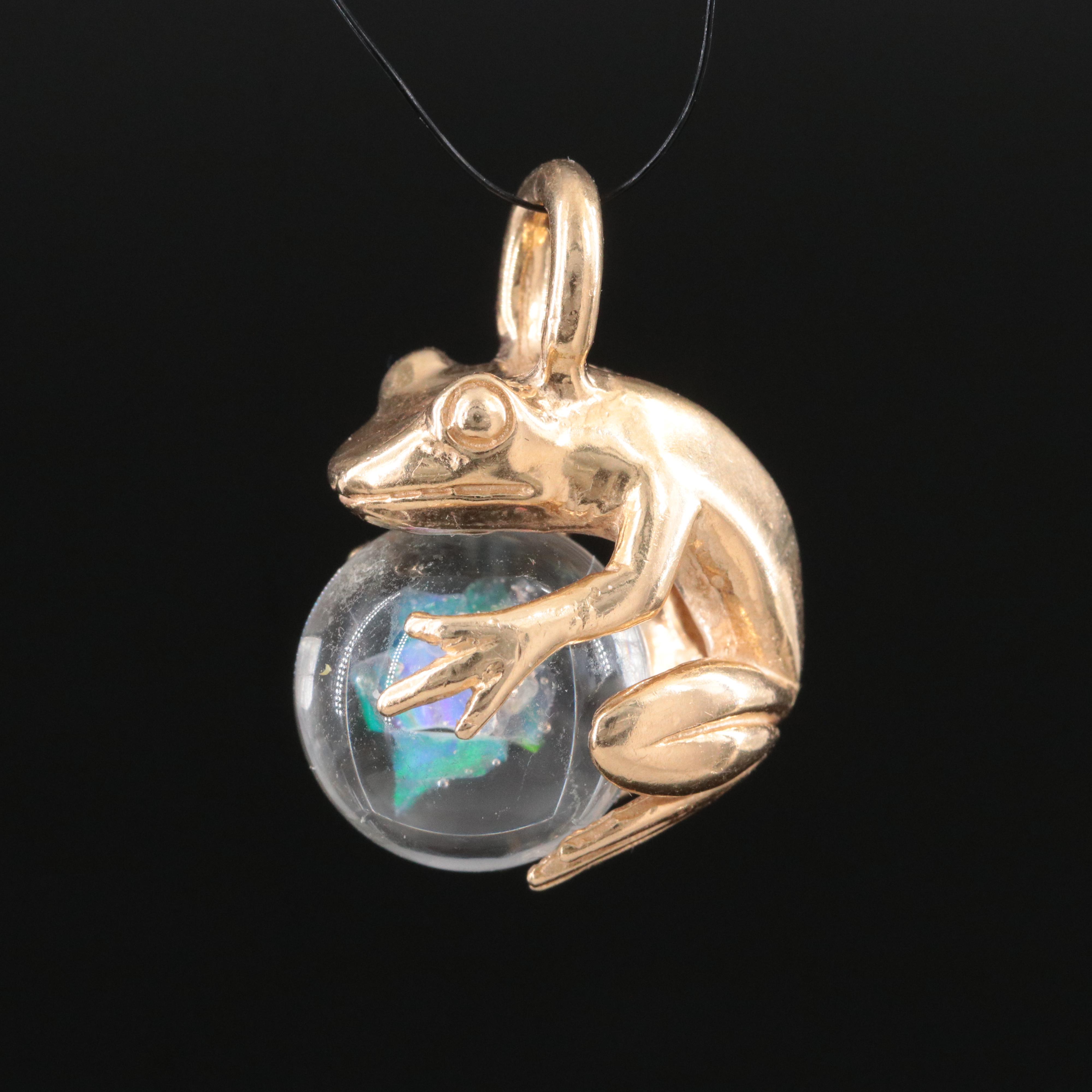 14K Frog  with Opal in Glass Sphere Pendant