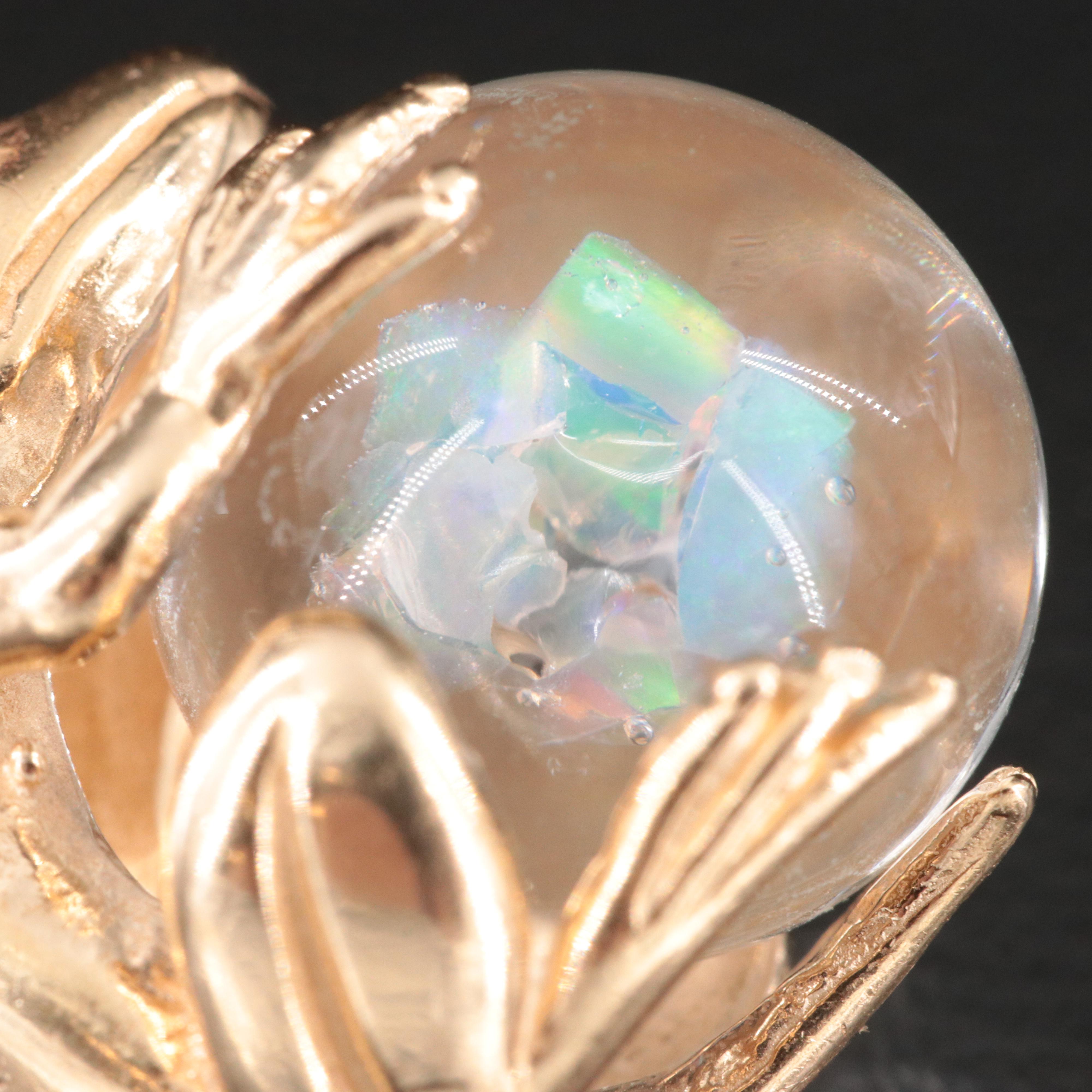 14K Frog  with Opal in Glass Sphere Pendant