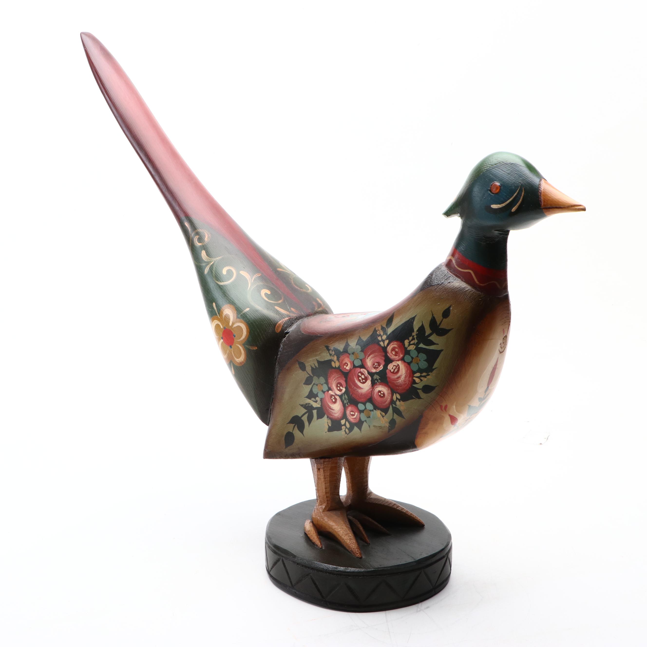 Pennsylvania Dutch Style Hand-Painted Carved Wood Pheasant