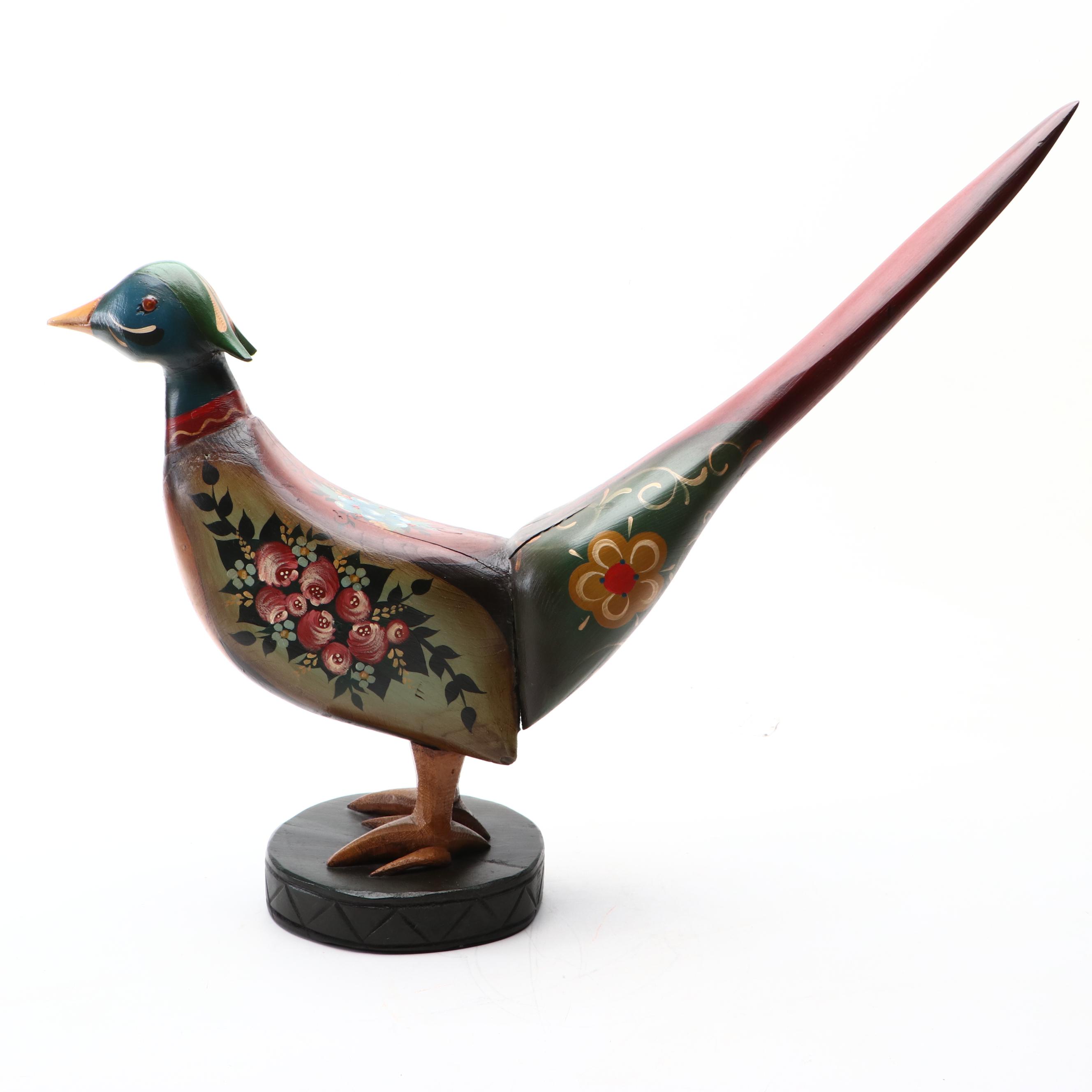 Pennsylvania Dutch Style Hand-Painted Carved Wood Pheasant
