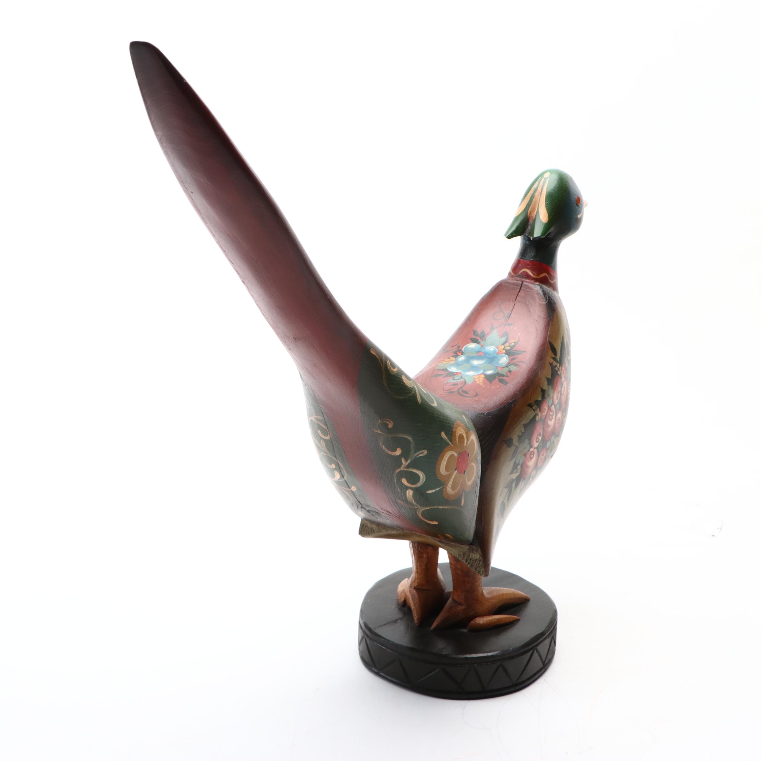 Pennsylvania Dutch Style Hand-Painted Carved Wood Pheasant