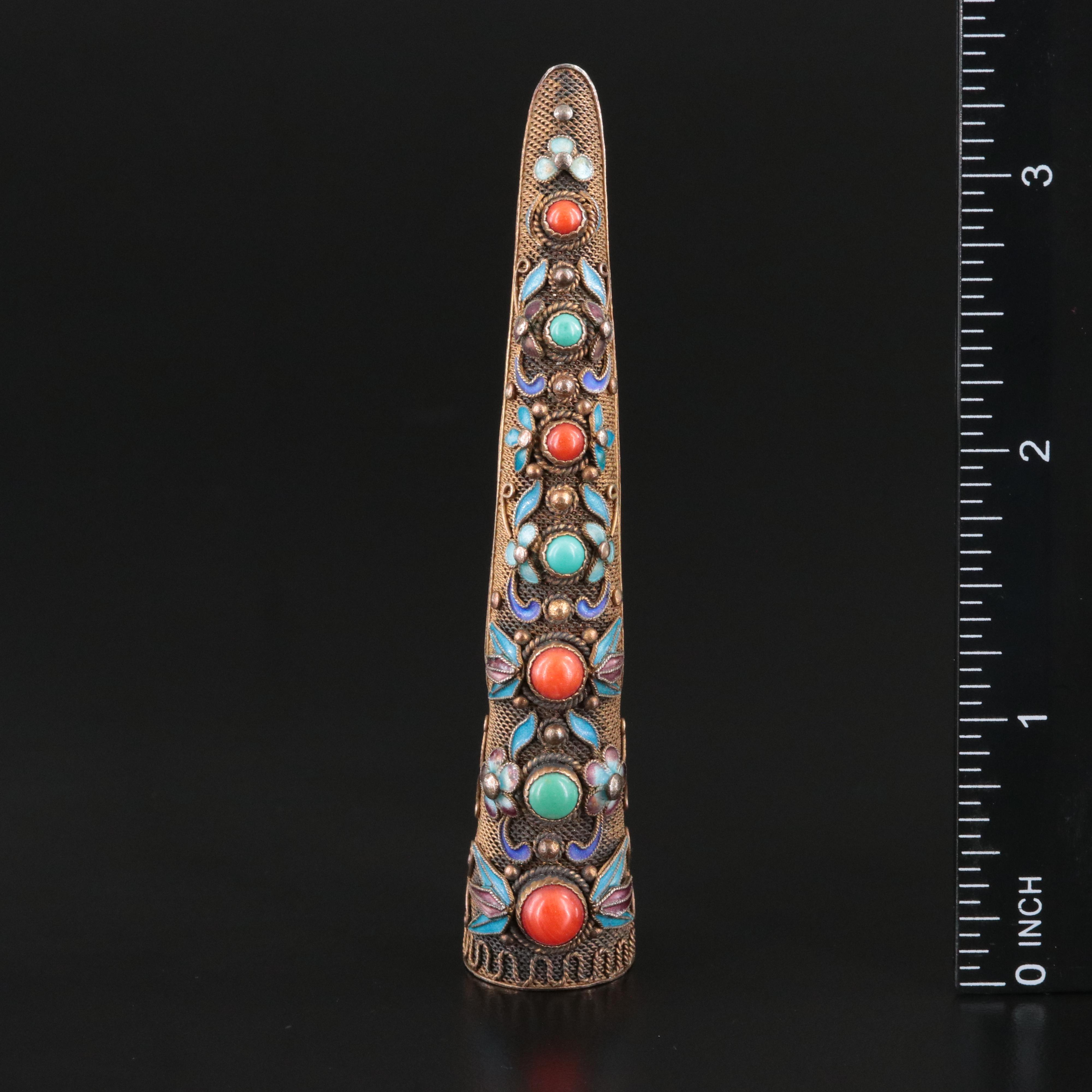 Vintage Chinese Sterling Coral, Enamel and Turquoise Nail Guard Brooch