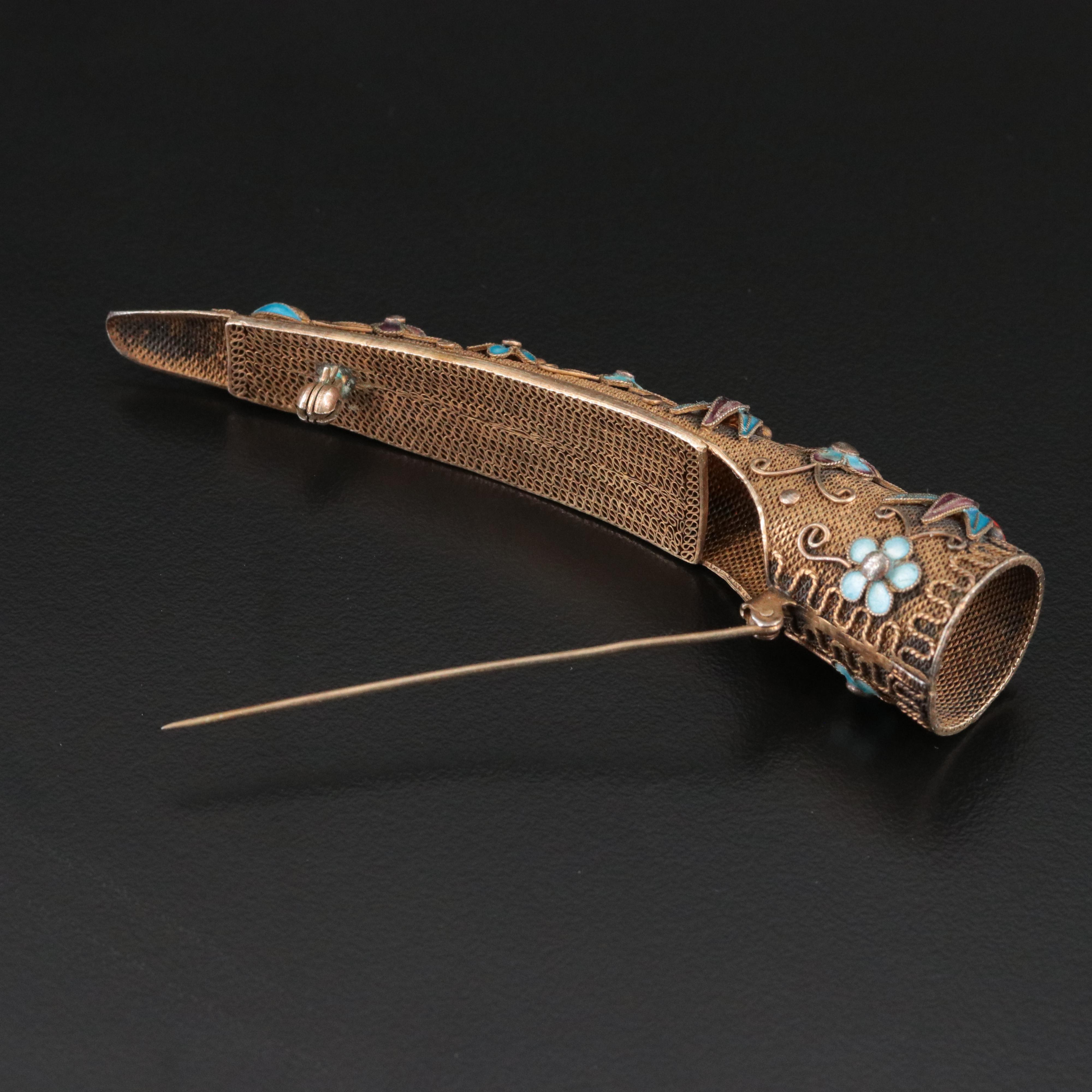 Vintage Chinese Sterling Coral, Enamel and Turquoise Nail Guard Brooch