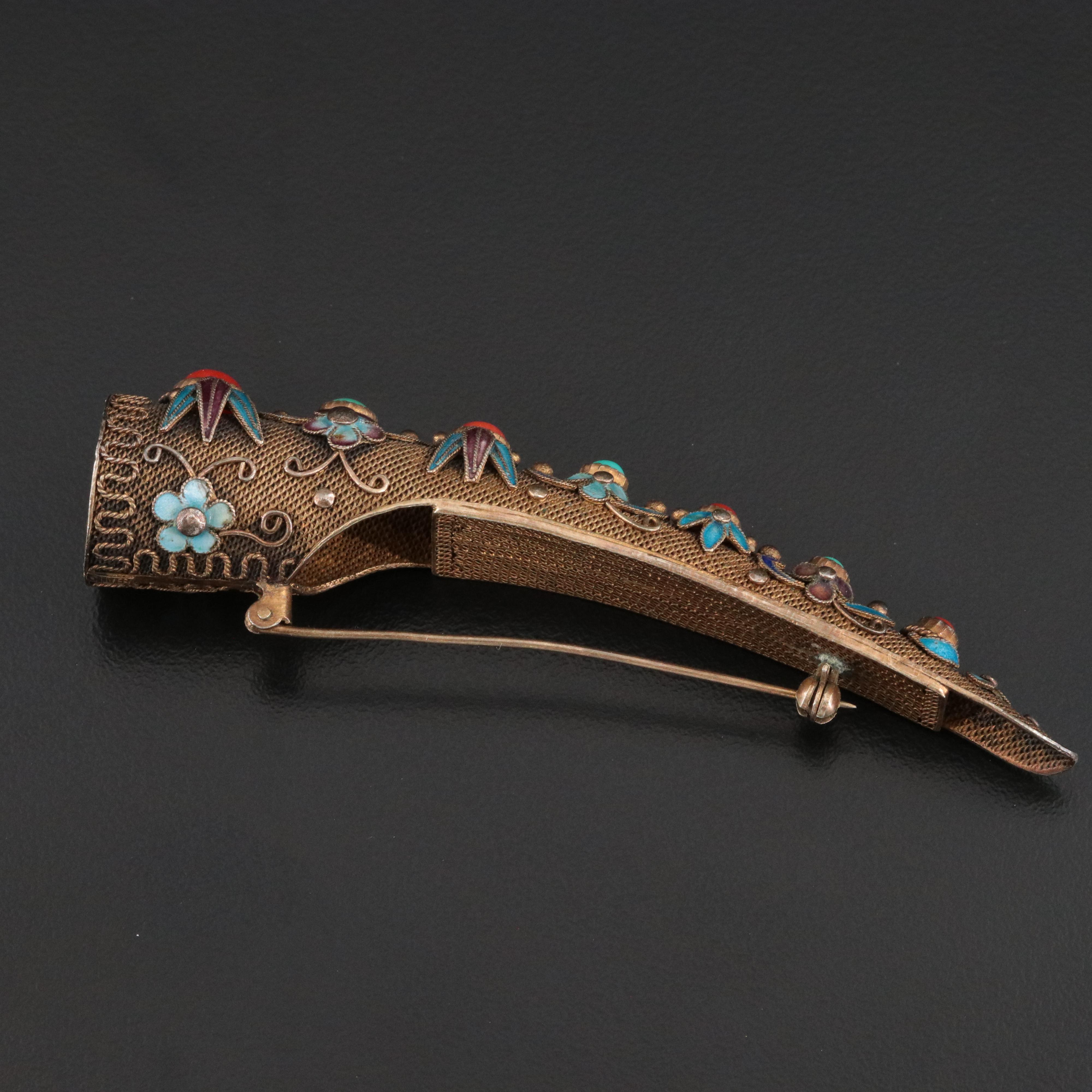 Vintage Chinese Sterling Coral, Enamel and Turquoise Nail Guard Brooch