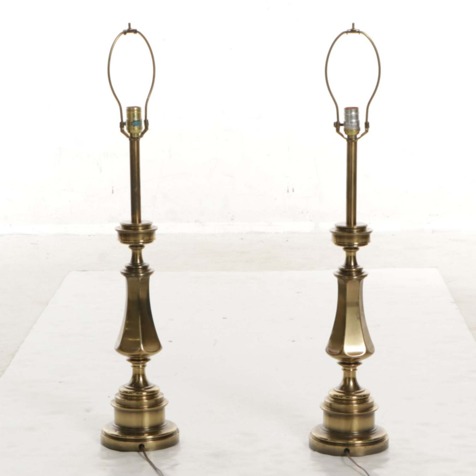 Stiffel Solid Brass Table Lamps with Woven Drum Shades by Grace Mitchell
