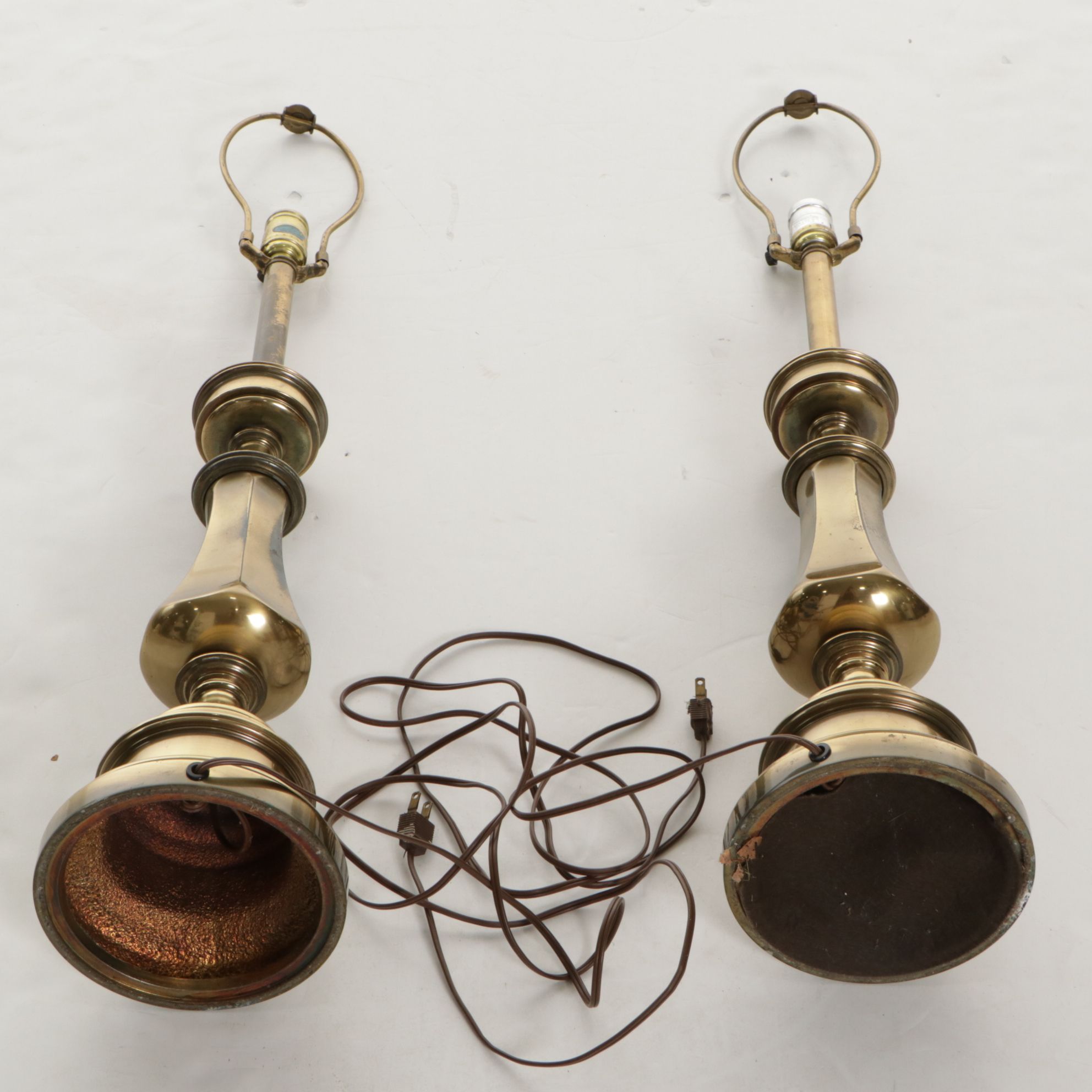 Stiffel Solid Brass Table Lamps with Woven Drum Shades by Grace Mitchell