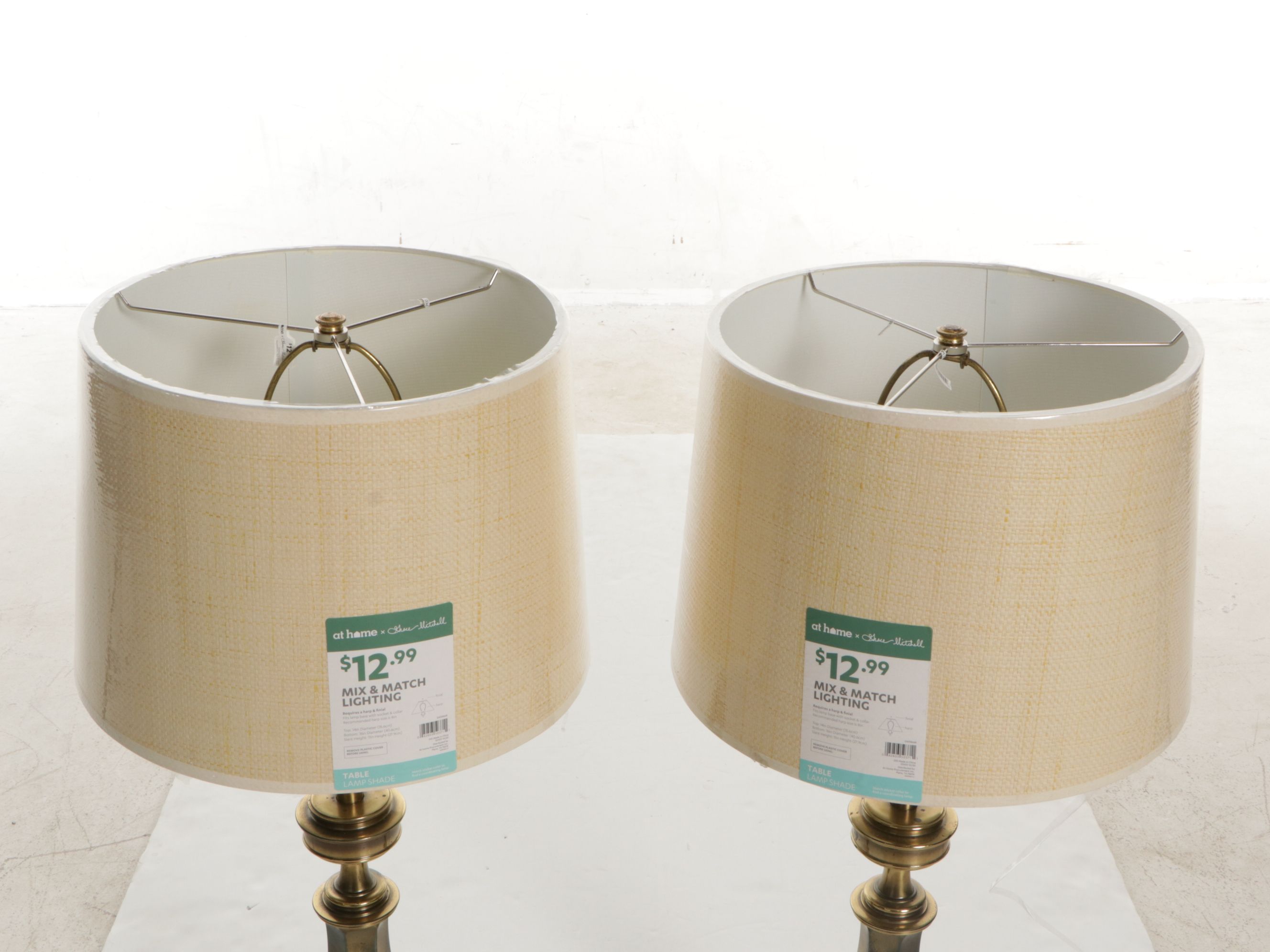 Stiffel Solid Brass Table Lamps with Woven Drum Shades by Grace Mitchell