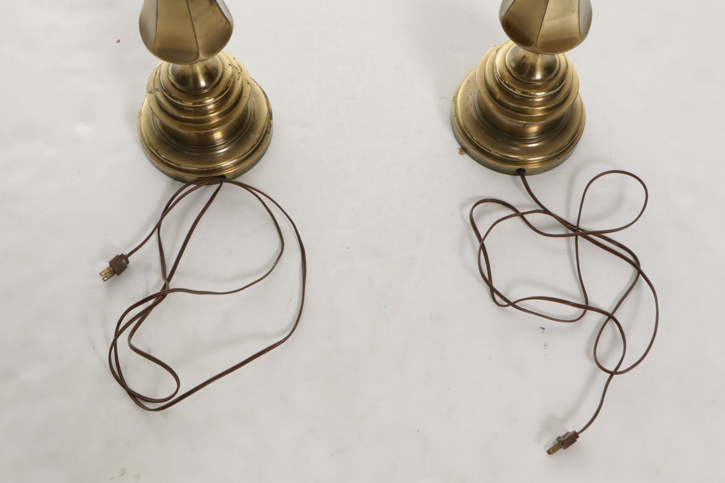 Stiffel Solid Brass Table Lamps with Woven Drum Shades by Grace Mitchell