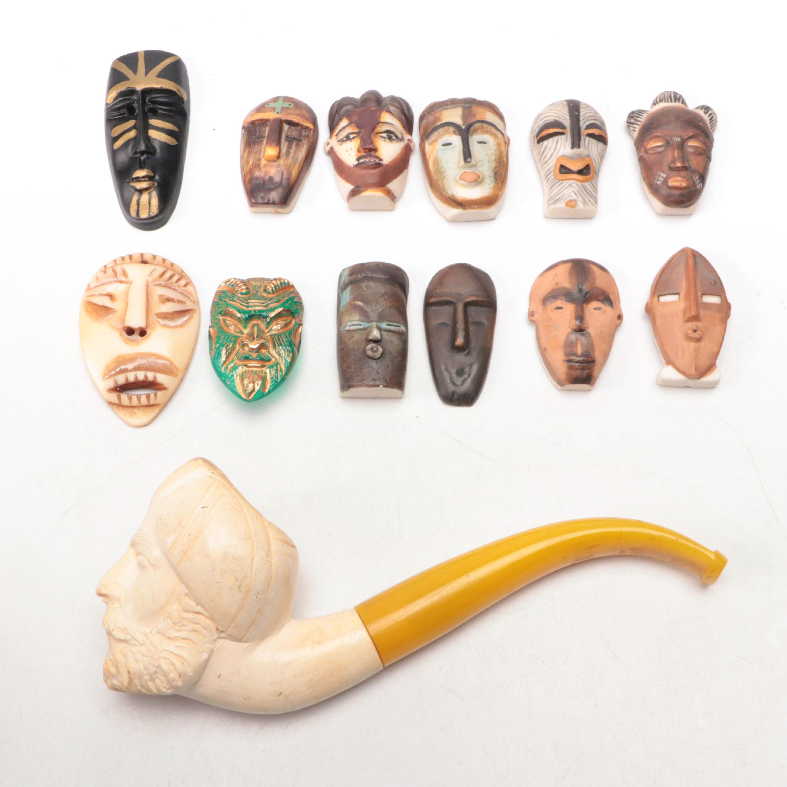 Miniature Ceramic and Bone African Souvenir Masks with Meerschaum Pipe