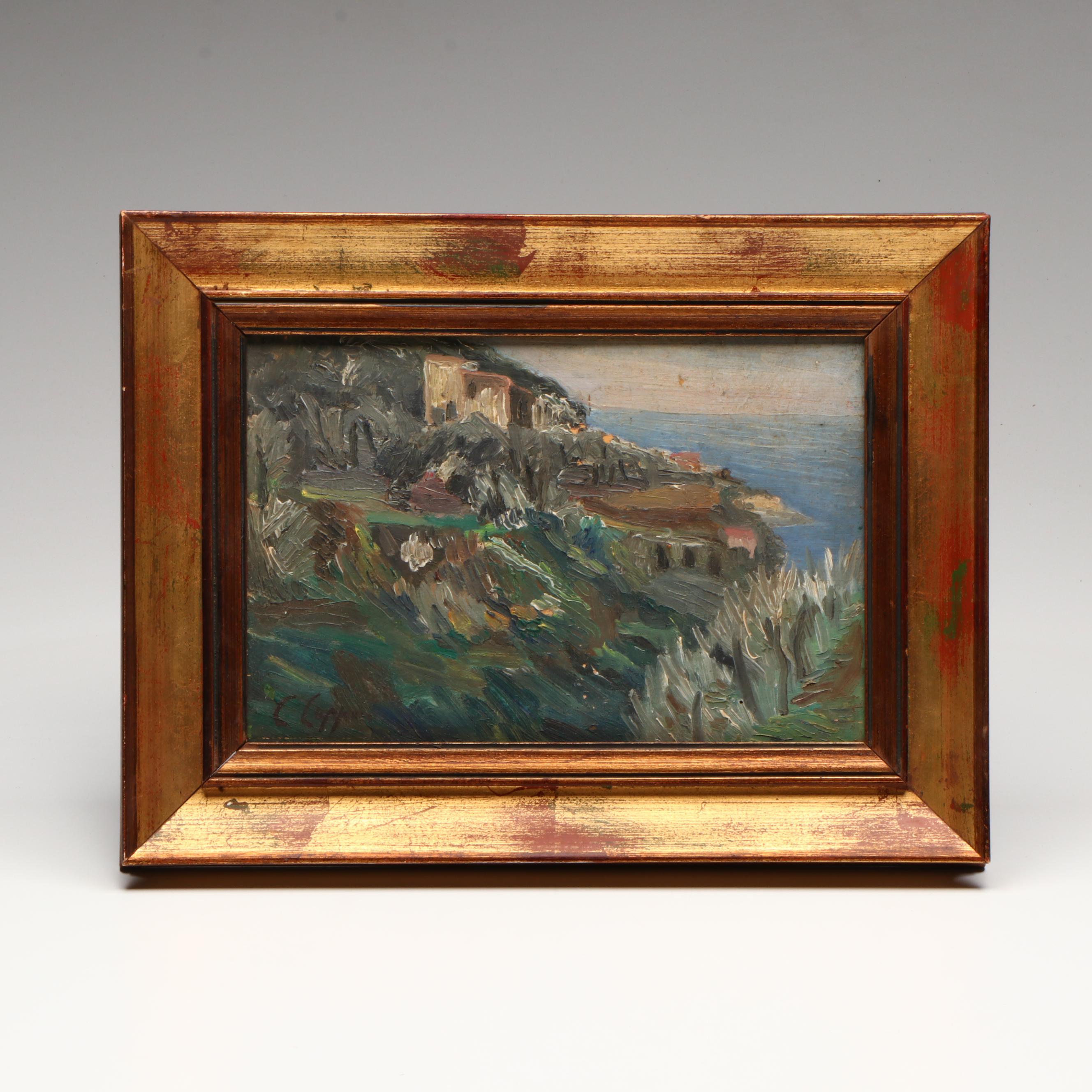 Antique Impressionistic Style Oil Painting of Coastal Landscape, Circa 1920