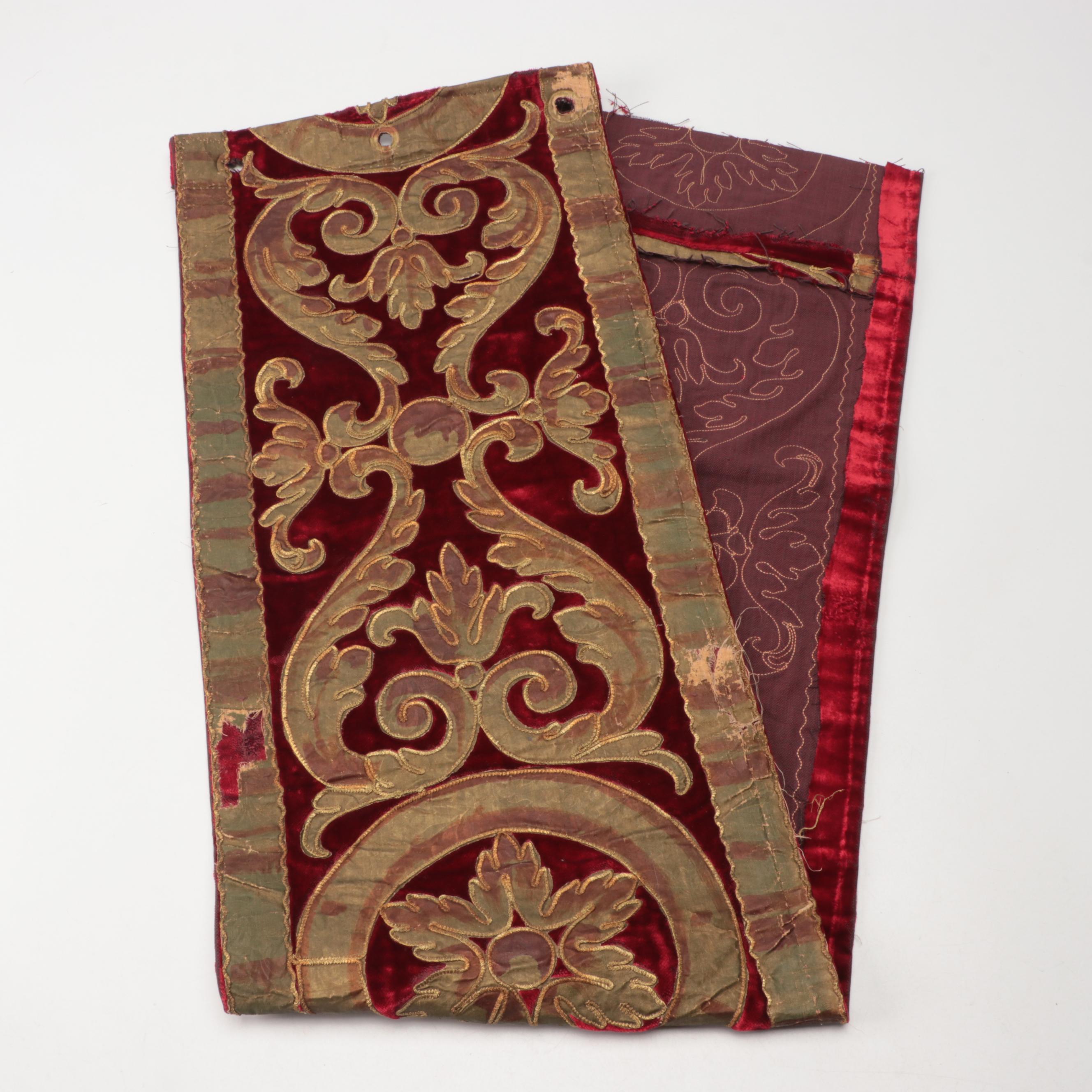 Ethiopian Coptic Brass Key, Baroque Style Velvet & Gilt Embroidery Panel