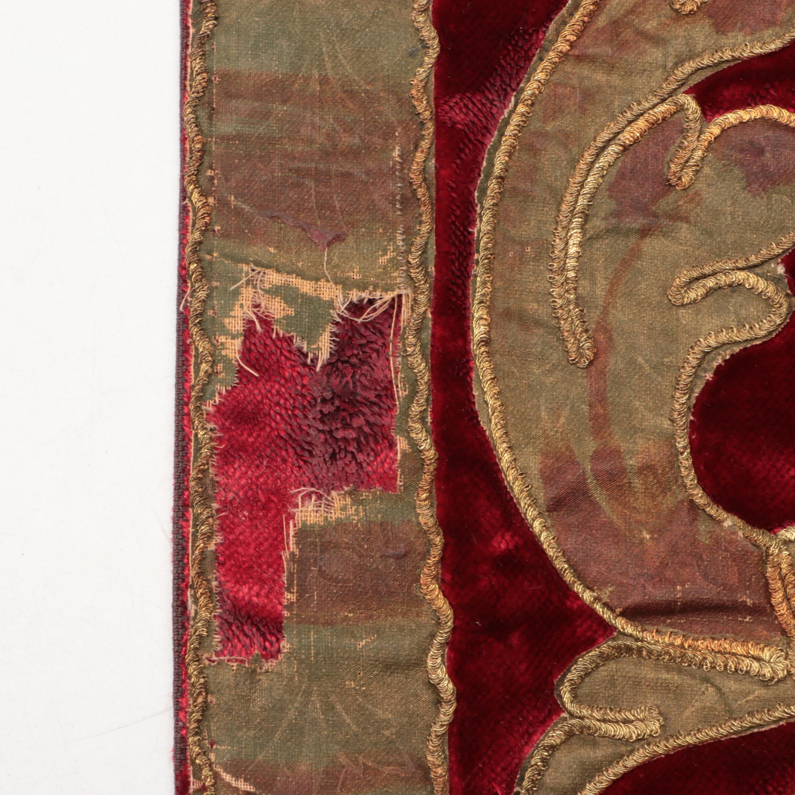 Ethiopian Coptic Brass Key, Baroque Style Velvet & Gilt Embroidery Panel