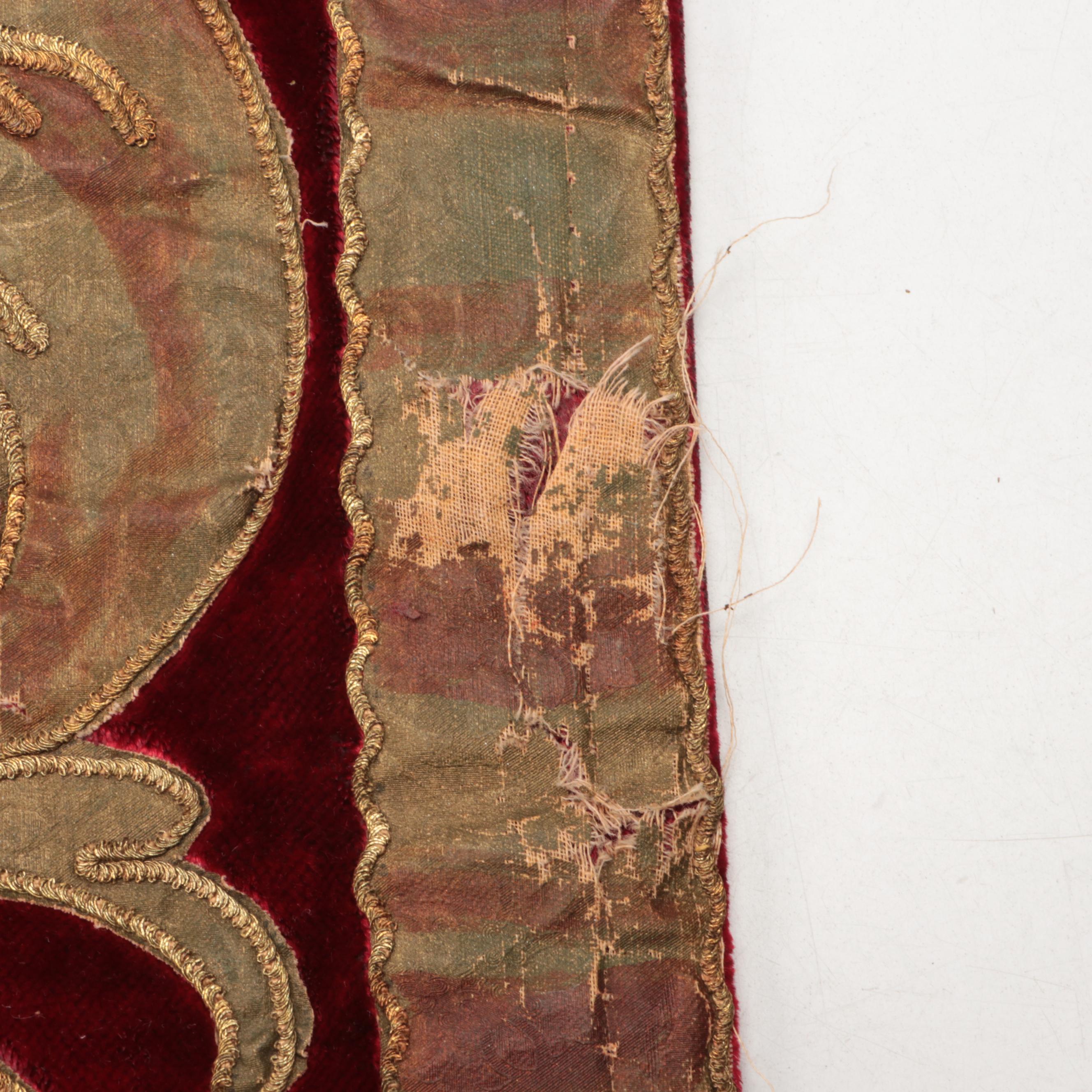 Ethiopian Coptic Brass Key, Baroque Style Velvet & Gilt Embroidery Panel