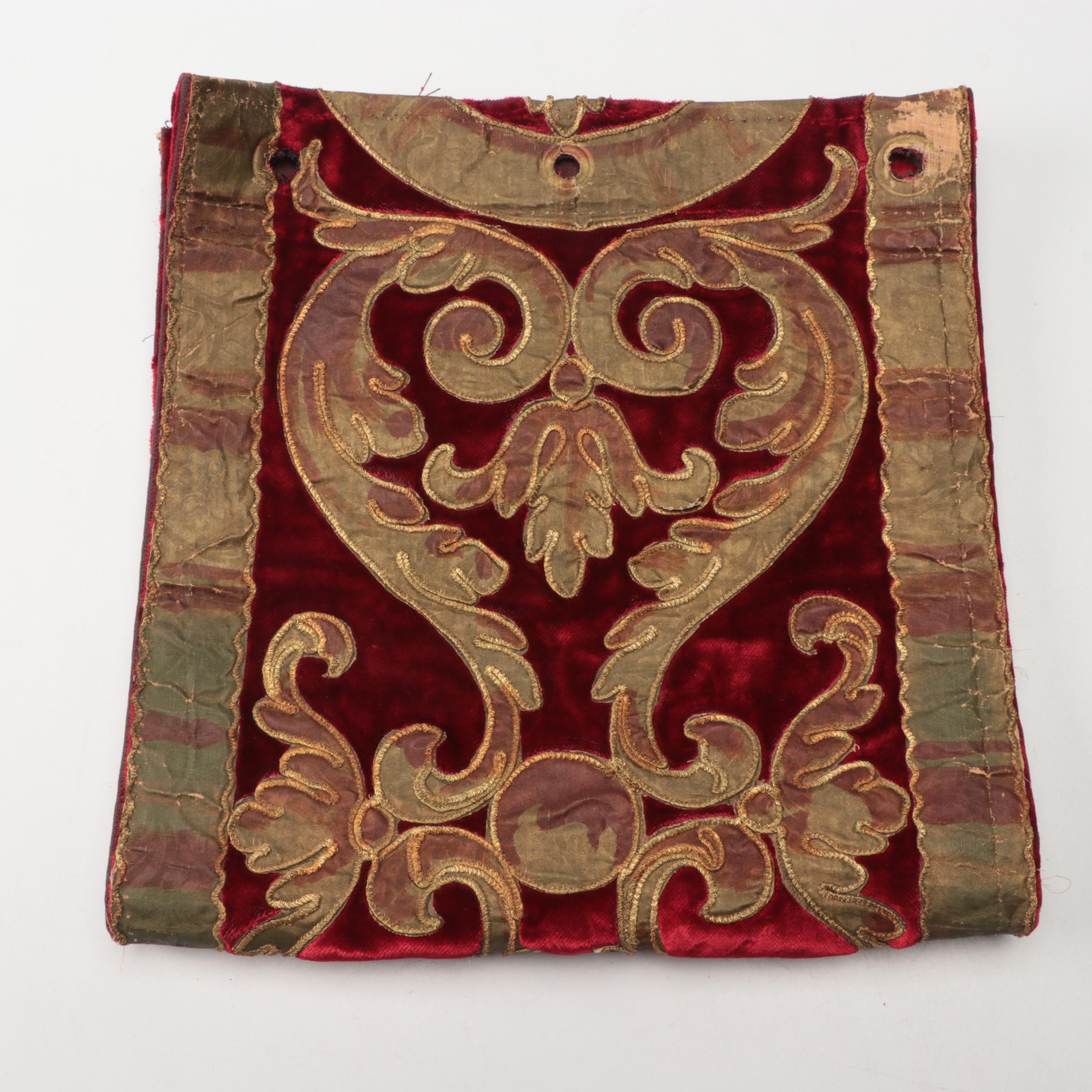 Ethiopian Coptic Brass Key, Baroque Style Velvet & Gilt Embroidery Panel