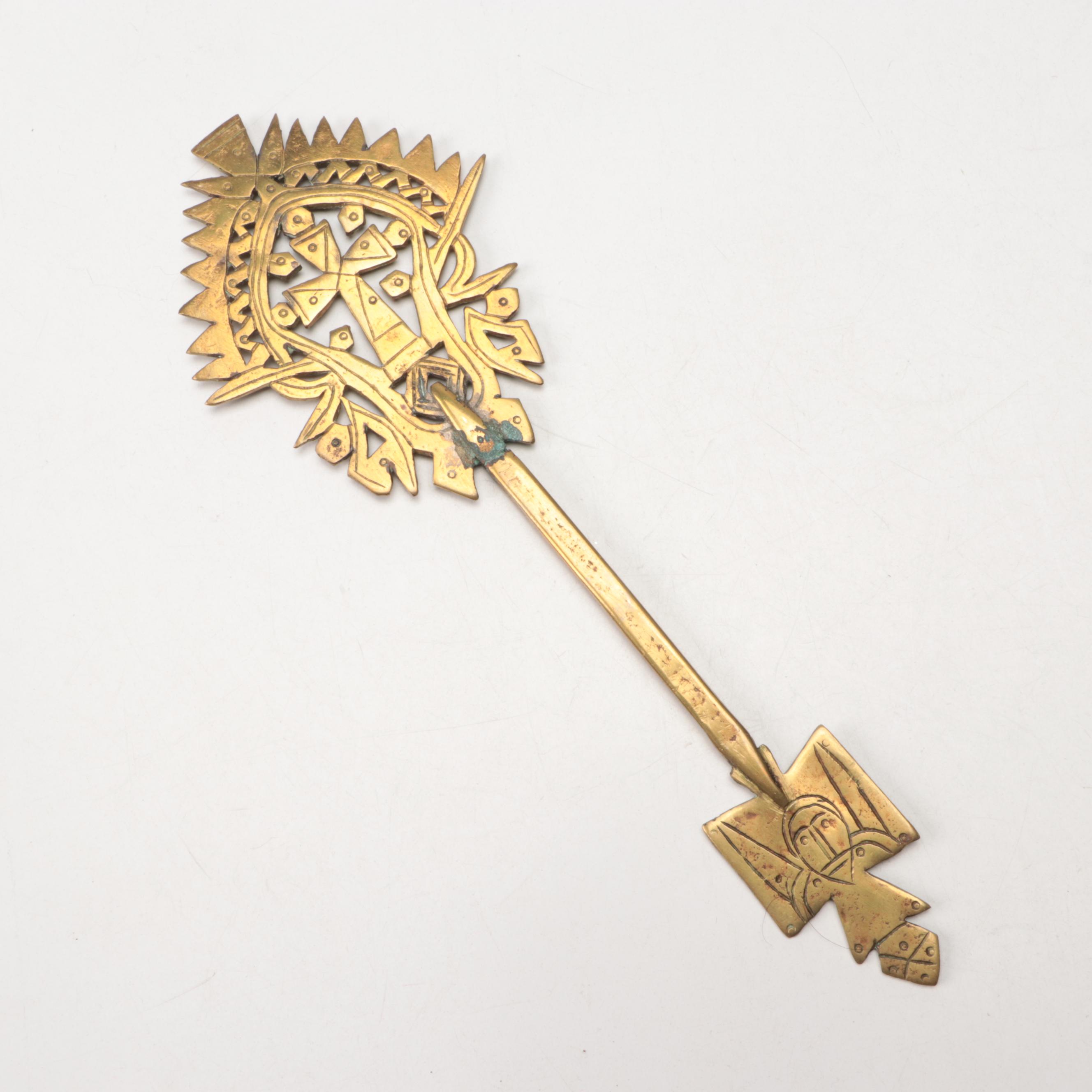 Ethiopian Coptic Brass Key, Baroque Style Velvet & Gilt Embroidery Panel