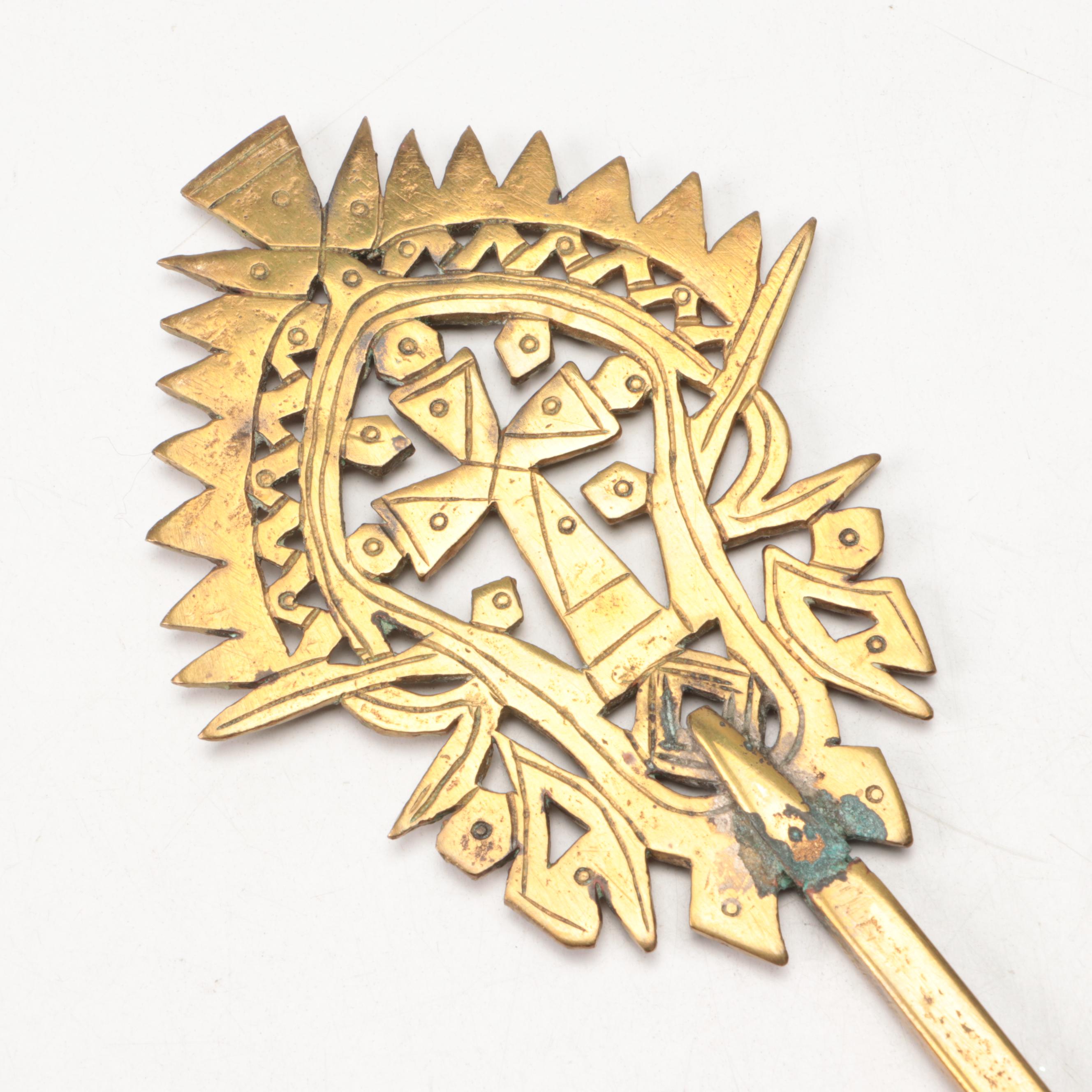 Ethiopian Coptic Brass Key, Baroque Style Velvet & Gilt Embroidery Panel