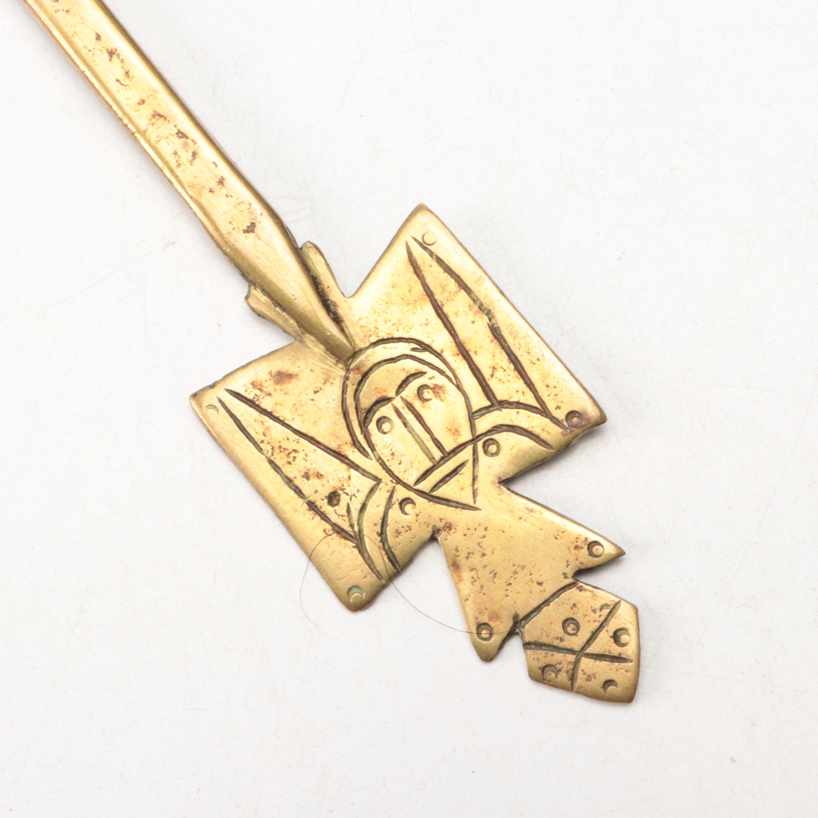 Ethiopian Coptic Brass Key, Baroque Style Velvet & Gilt Embroidery Panel