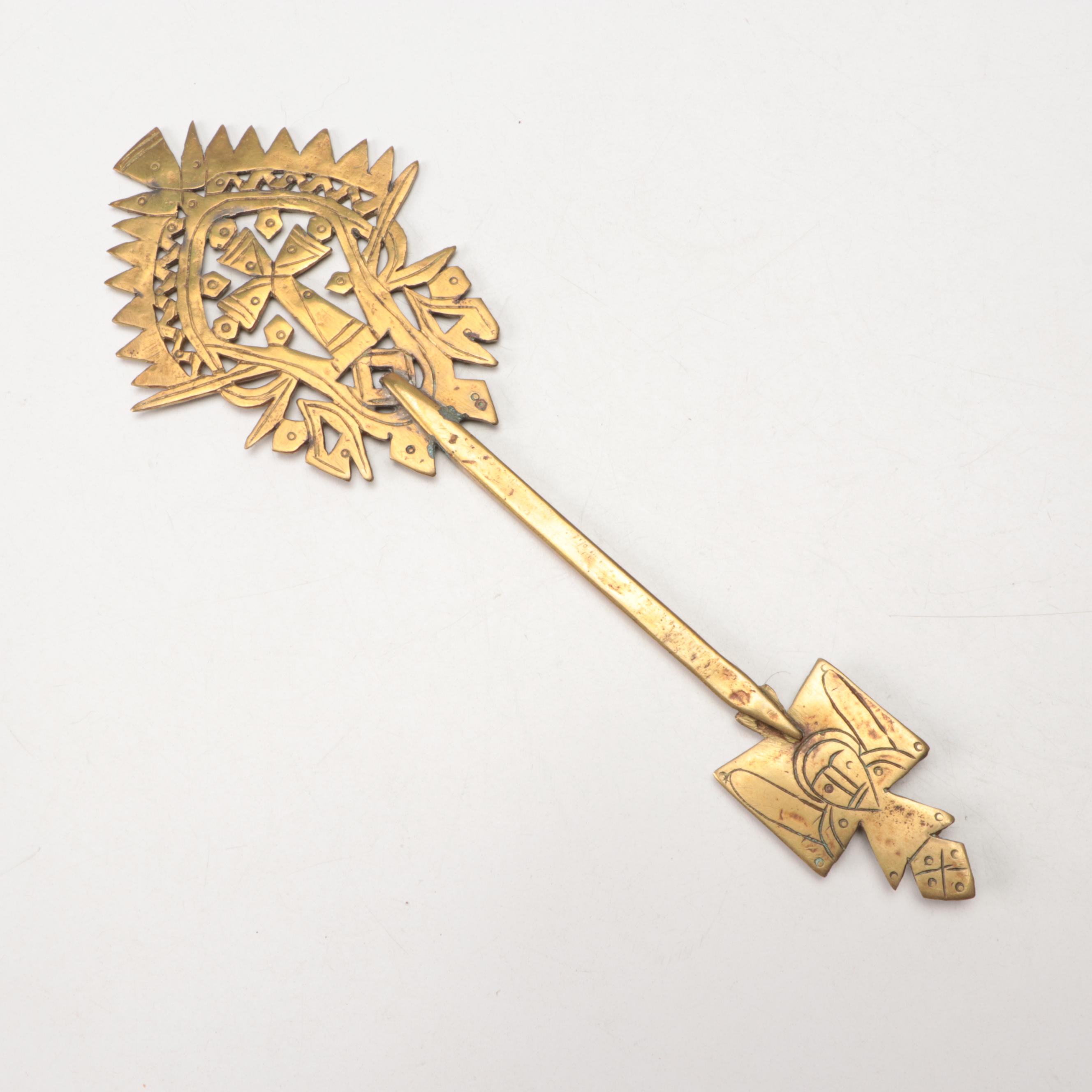 Ethiopian Coptic Brass Key, Baroque Style Velvet & Gilt Embroidery Panel